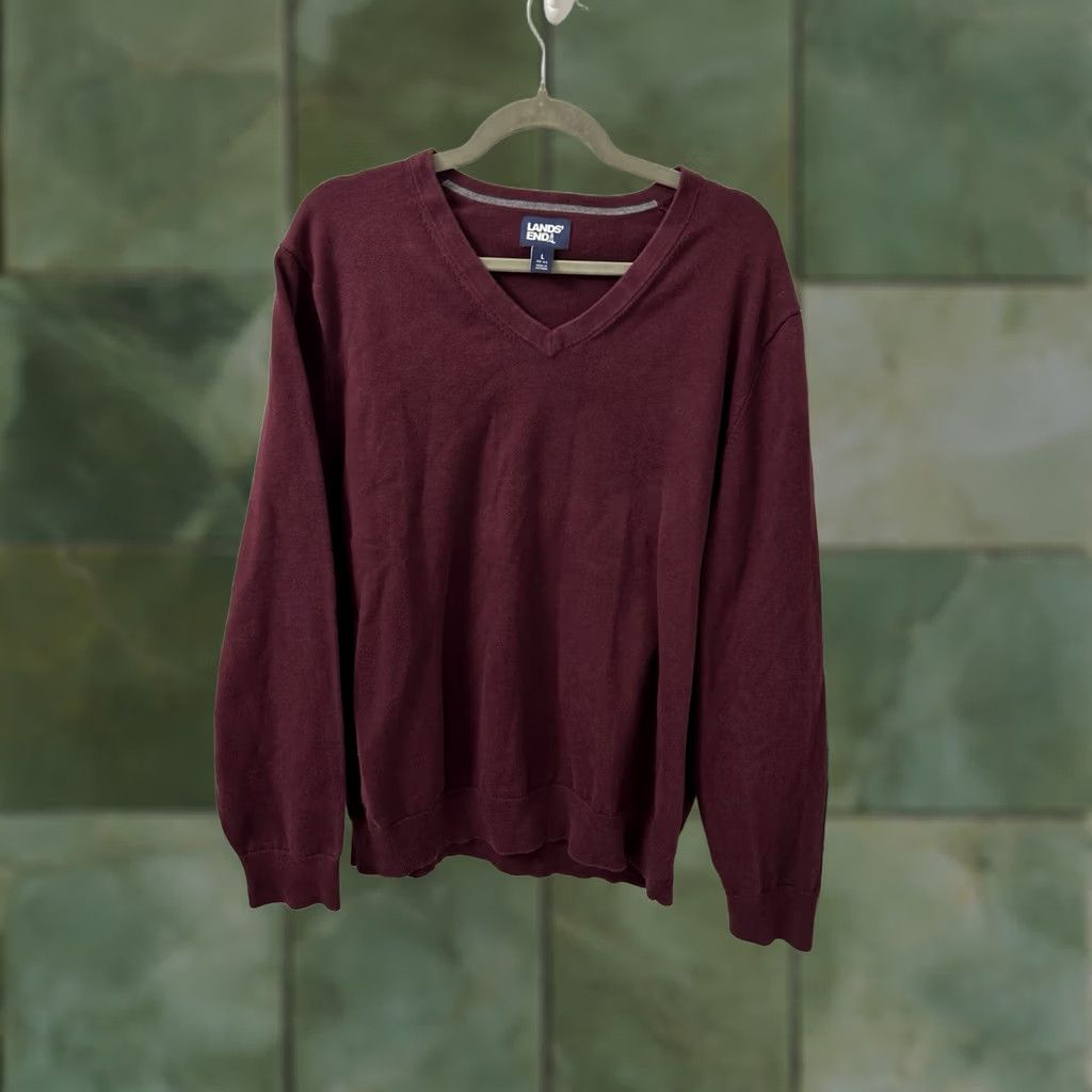 Lands' End Lands' End Mens Sweater V-Neck Pullover Burgundy 100% Cotton L Regular Long Sleeve Size US L / EU 52-54 / 3 - 1 Thumbnail