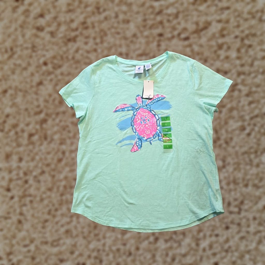 Pinko Caribbean Joe Top Womens L Green Pink Turtle Short Sleeve Casual Tropical Knit Cotton Regular Authentic Style Shirt Mens? Size L / US 10 / IT 46 - 1 Thumbnail