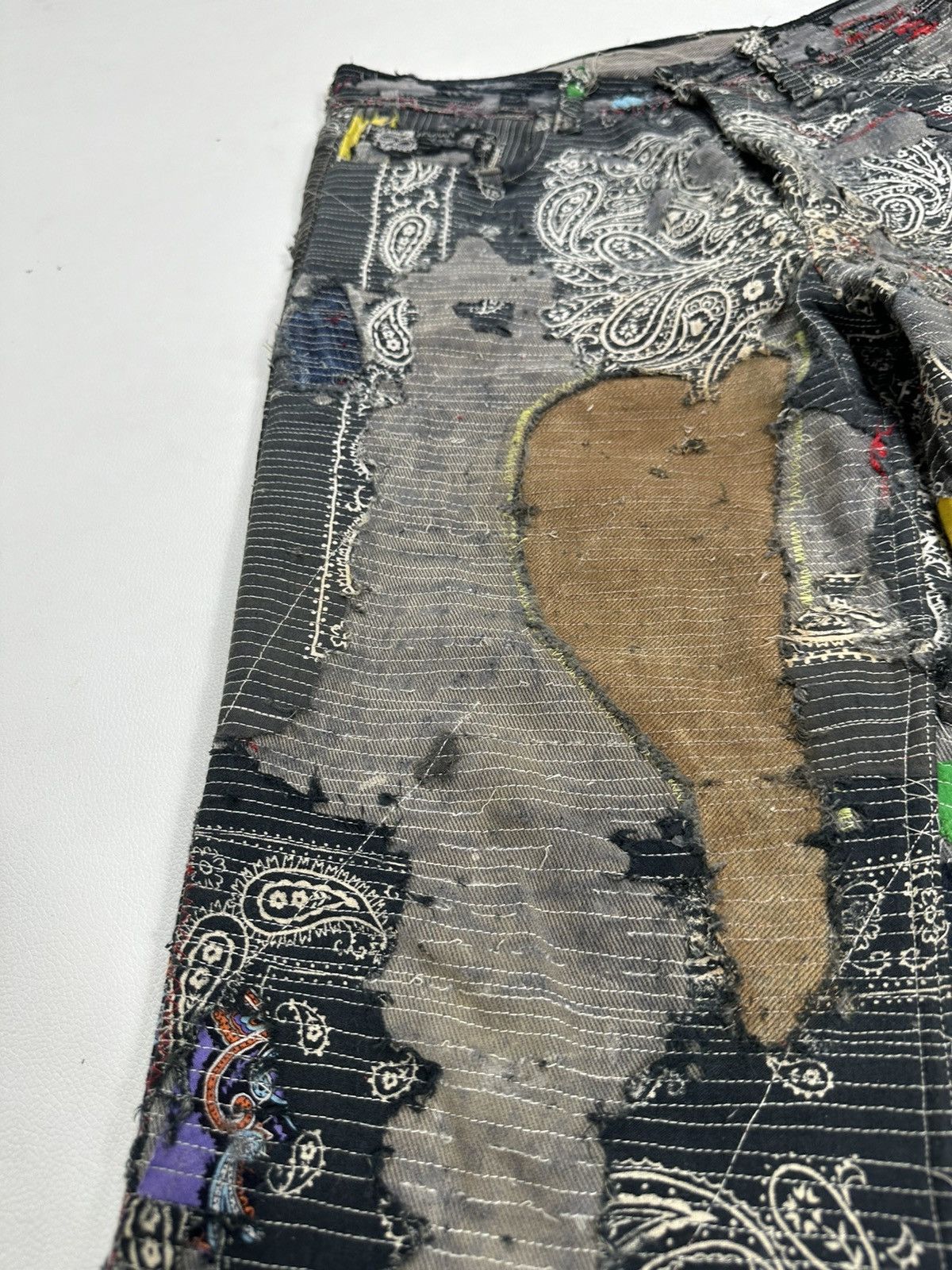 Handmade Custom Made Distressed Paisley Patchwork hemless Jeans pants Size US 30 / EU 46 - 4 Thumbnail