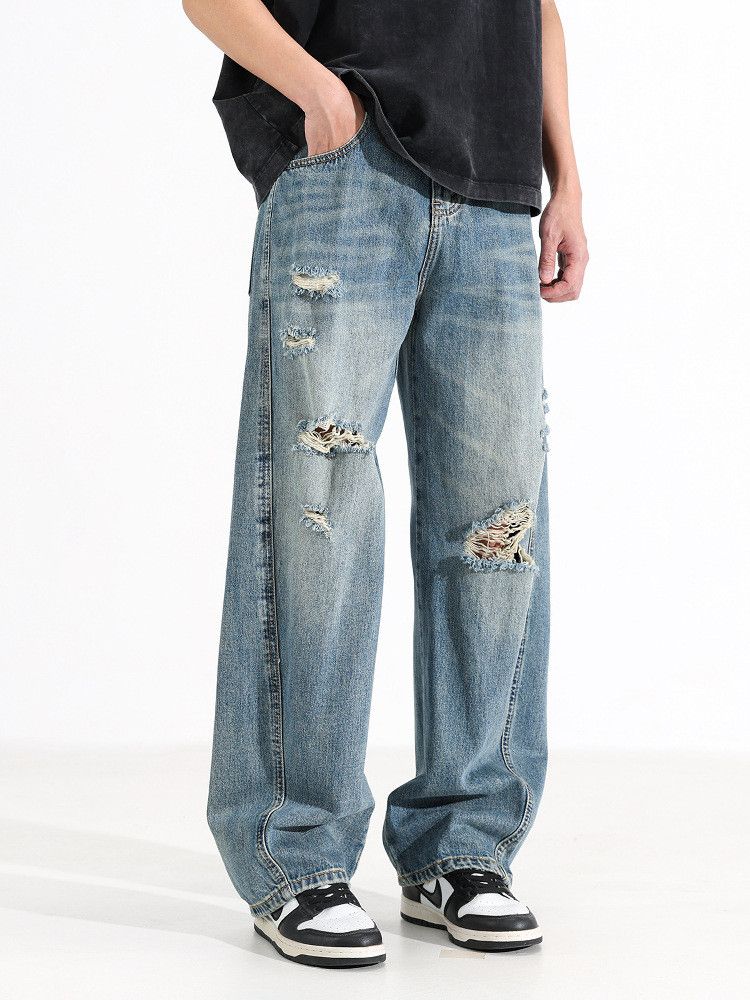Japanese Brand American retro men's loose wide-leg washed ripped jeans Size US 32 / EU 48 - 3 Thumbnail