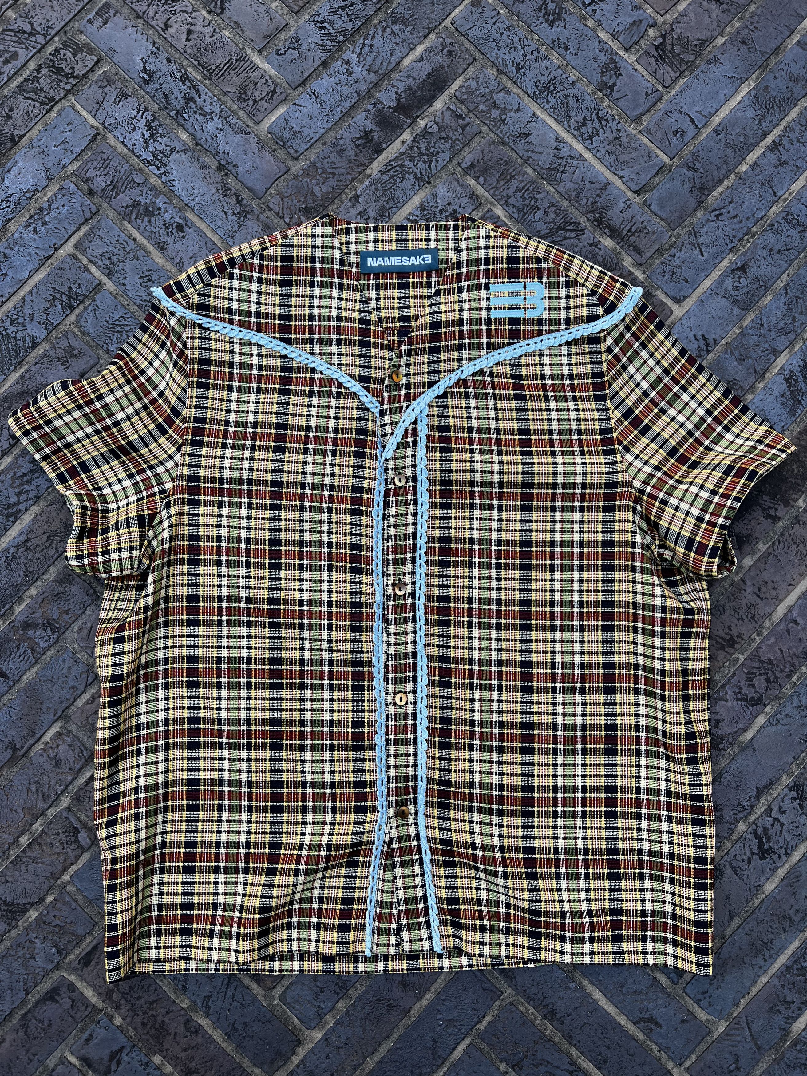 image of Namesake Wool Plaid Knit Detail Button Up Shirt Jersey, Men's (Size Large)