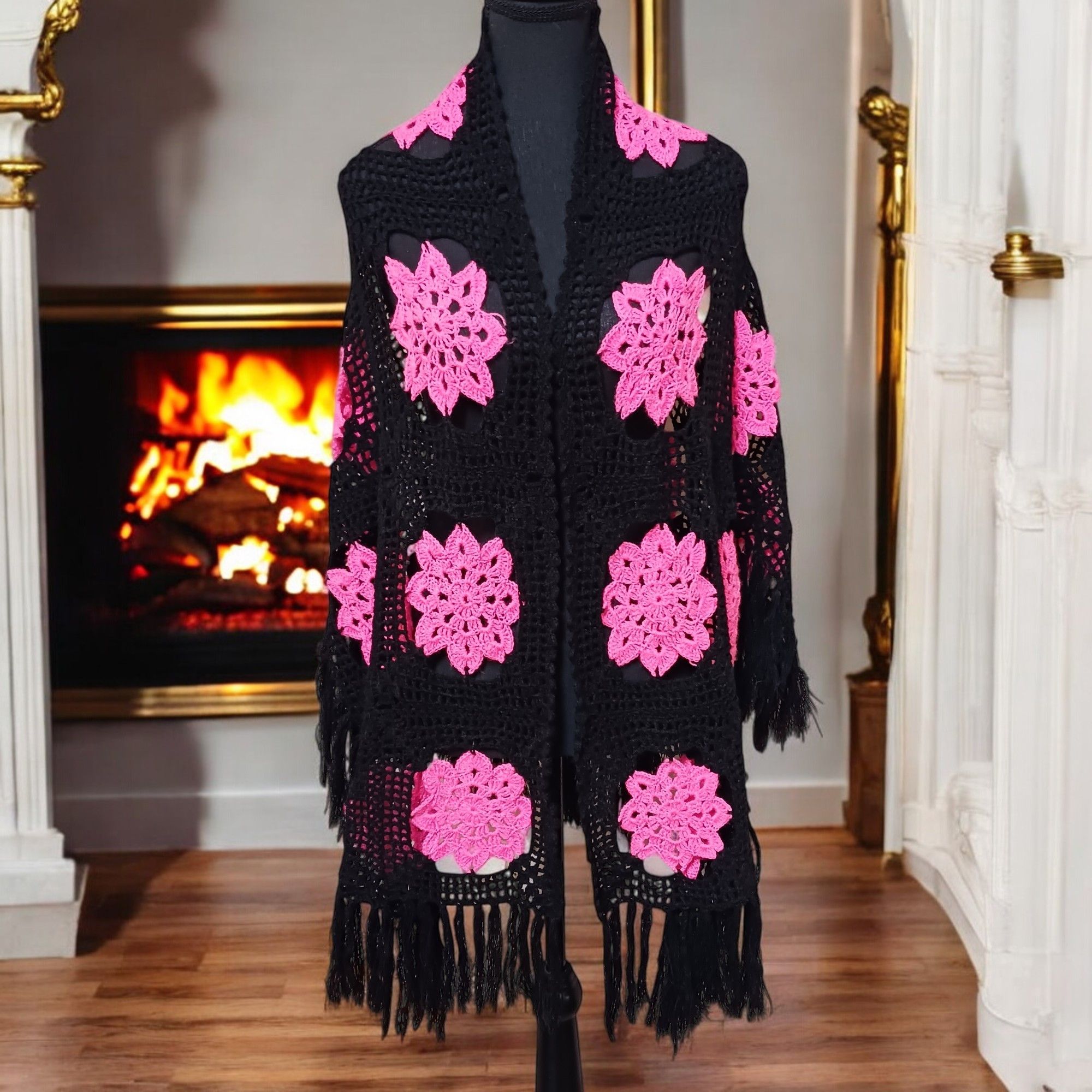Handmade Vintage Handmade Black/ Hot Pink Crochet Shawl – Size ONE SIZE - 1 Thumbnail