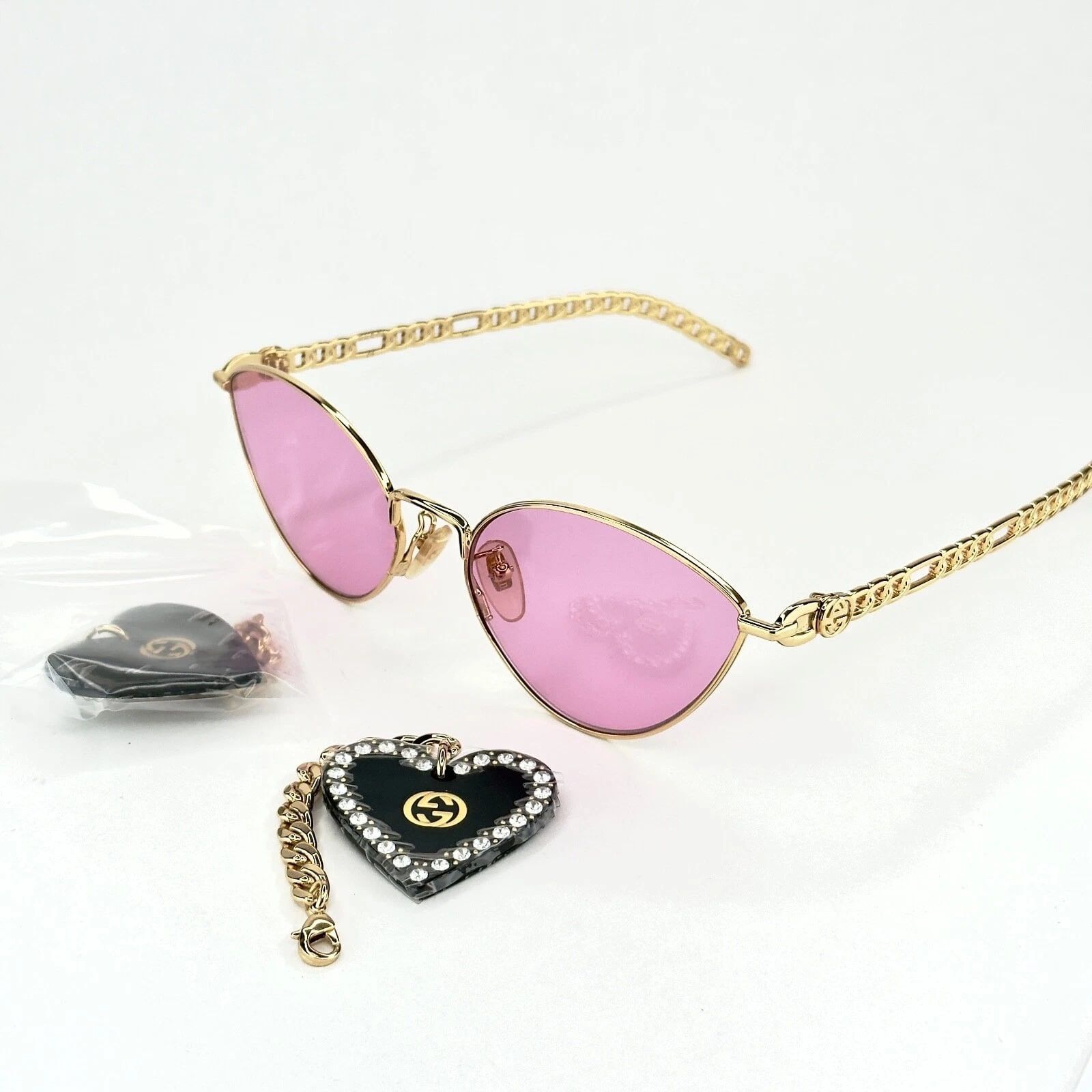 Gucci GUCCI GG0977S CHAIN 0977 Gold Pink Crystal Heart 004 Size ONE SIZE - 2 Thumbnail