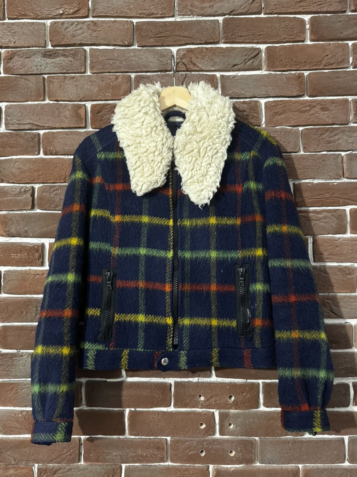 VINTAGE Wool Fuzzy JACKET TARTAN RIRI ZIP Avant Garde Hype