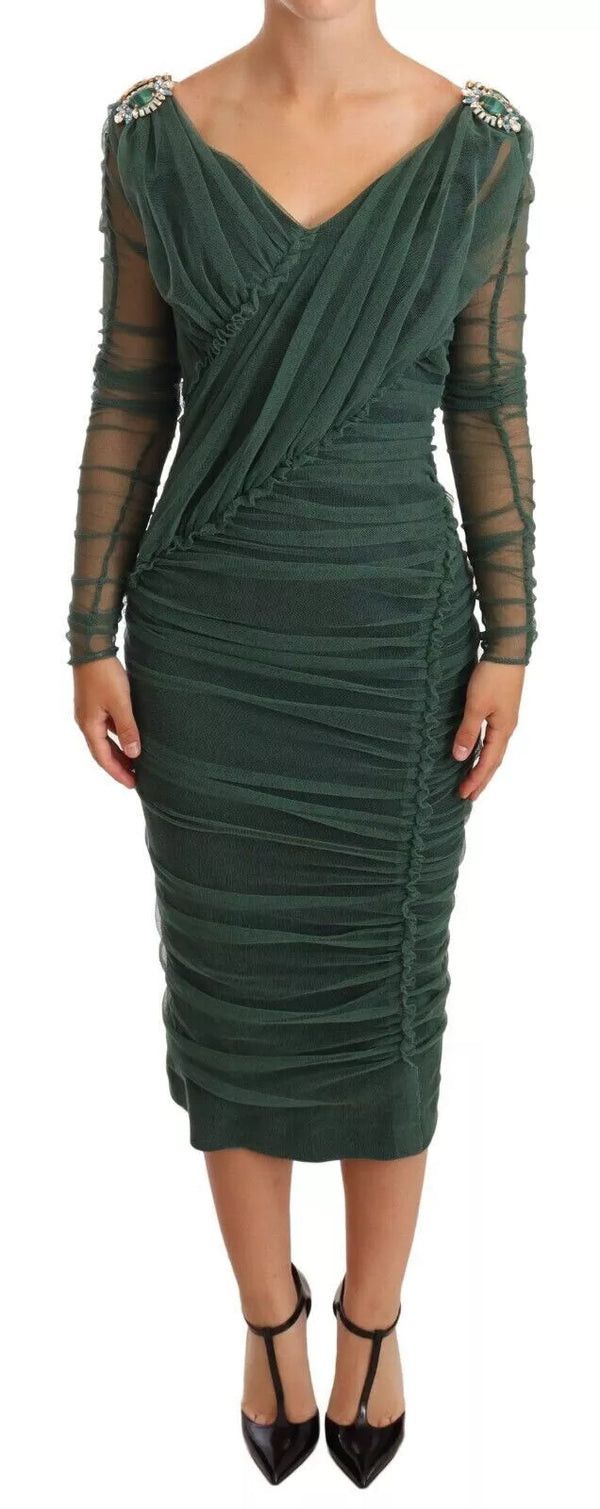 Dolce & Gabbana o1y0825 V-Neck Midi Dress in Dark Green Size XS / US 0-2 / IT 36-38 - 2 Thumbnail