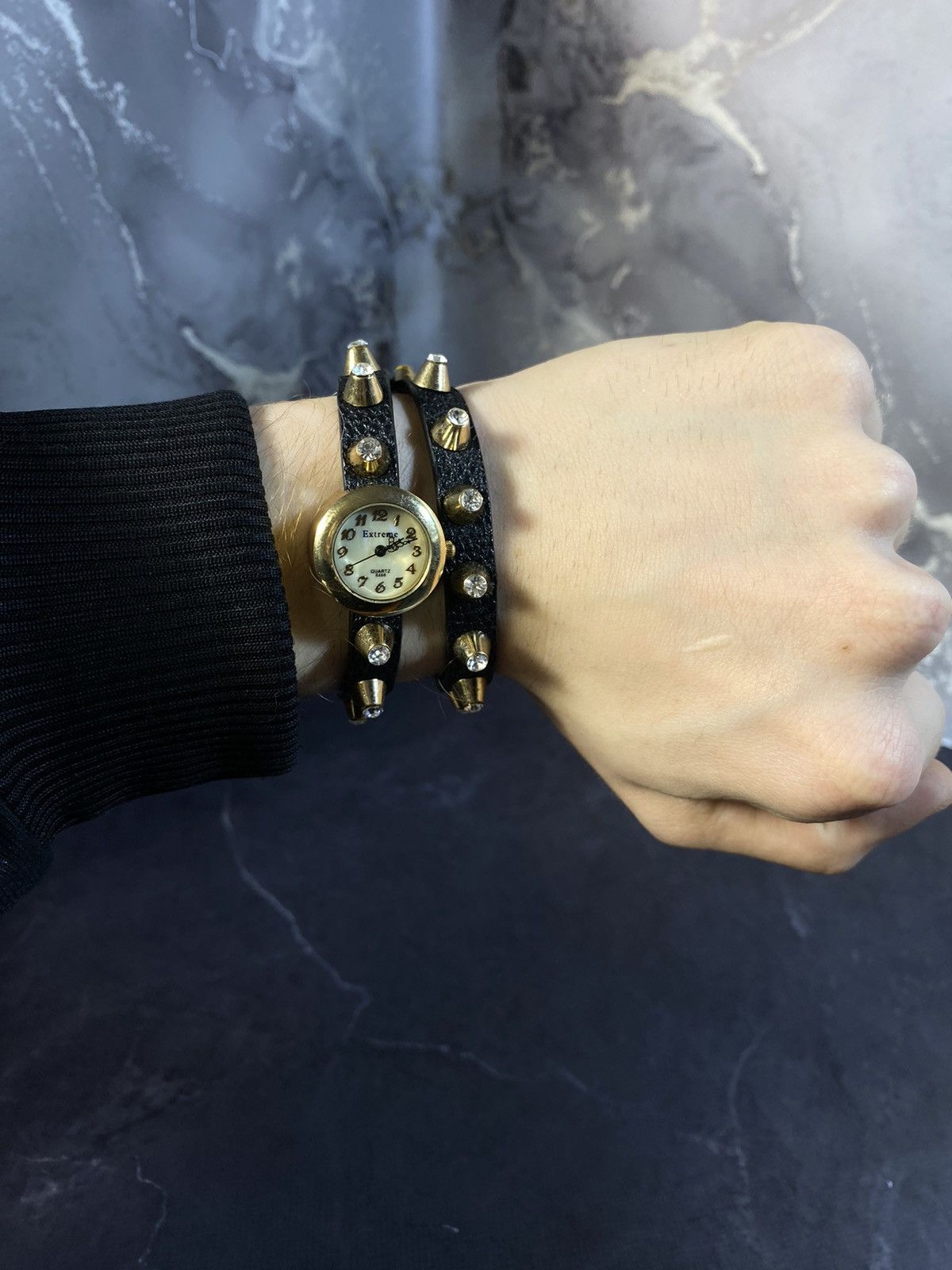 Jewelry × Vintage Extreme Dual Wrap Studded Black Strap Watch Japanese Brand Size ONE SIZE - 1 Thumbnail