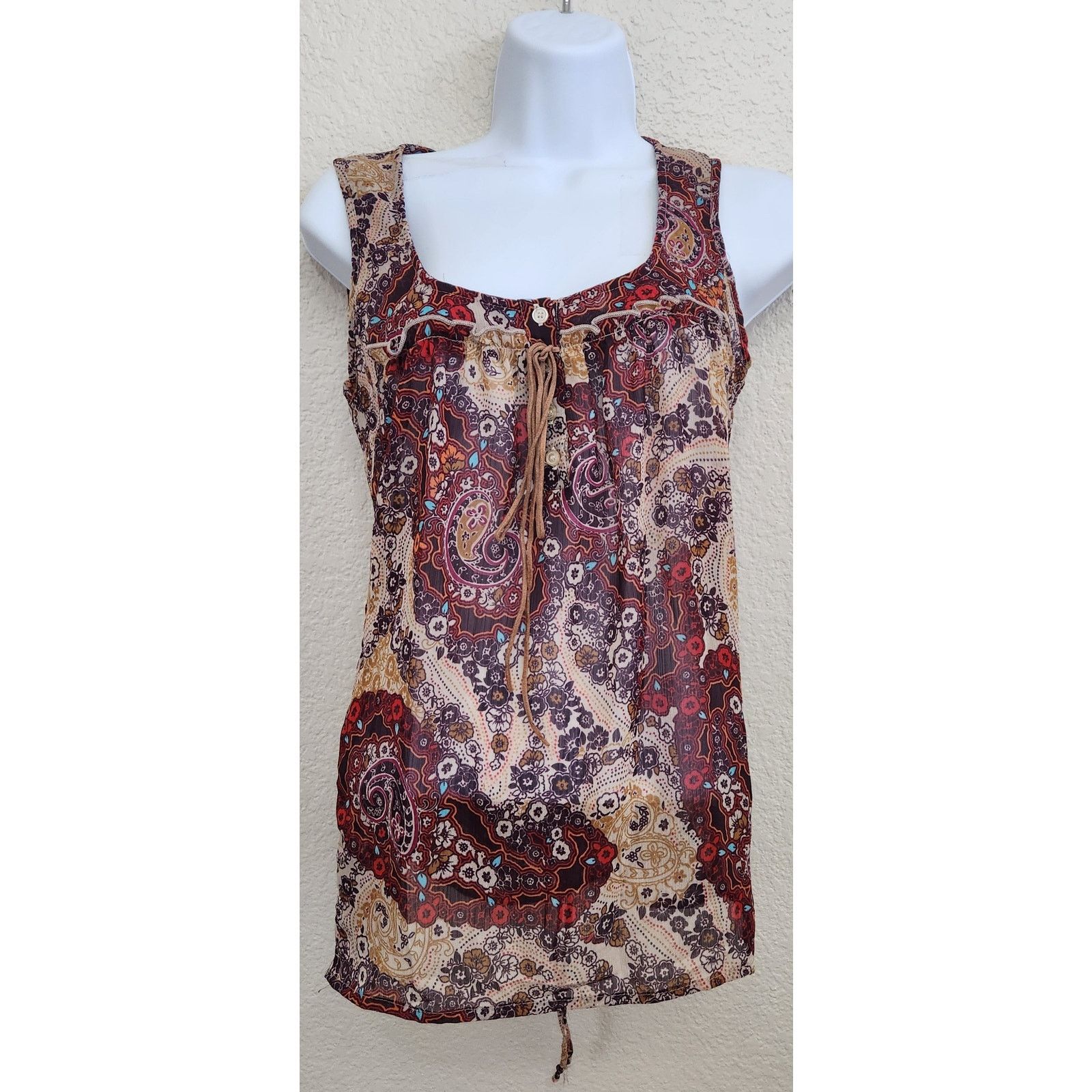 Mossimo Mossimo Brown Red Floral Print Pleated Sleeveless Top Small Size S / US 4 / IT 40 - 1 Thumbnail