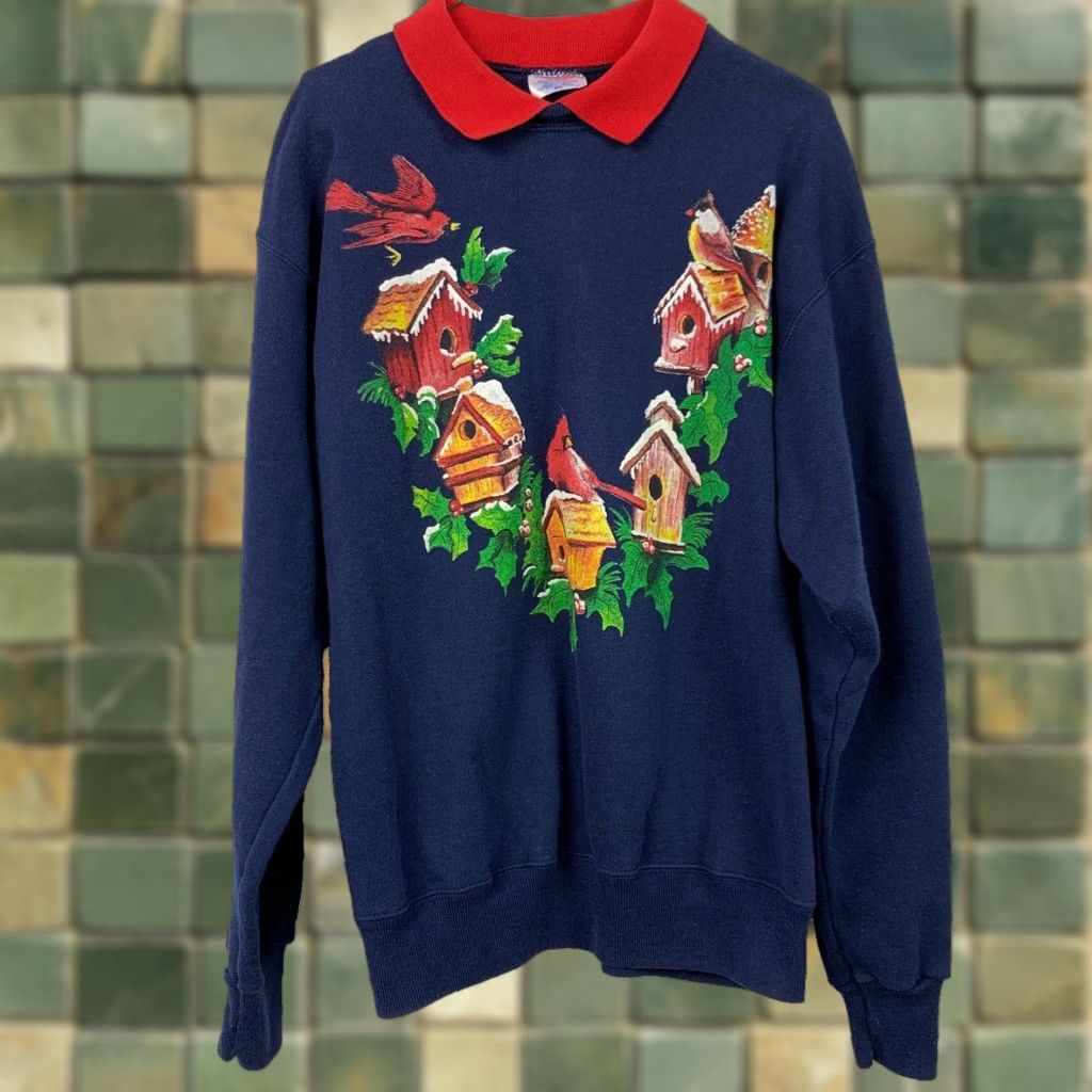 Vintage VINTAGE ChampKnit Snow Covered Tree Houses Cardinal Turtleneck Sweatshirt Grandma Medium Blue Cotton Blend 1990s Mens Size M / US 6-8 / IT 42-44 - 1 Thumbnail