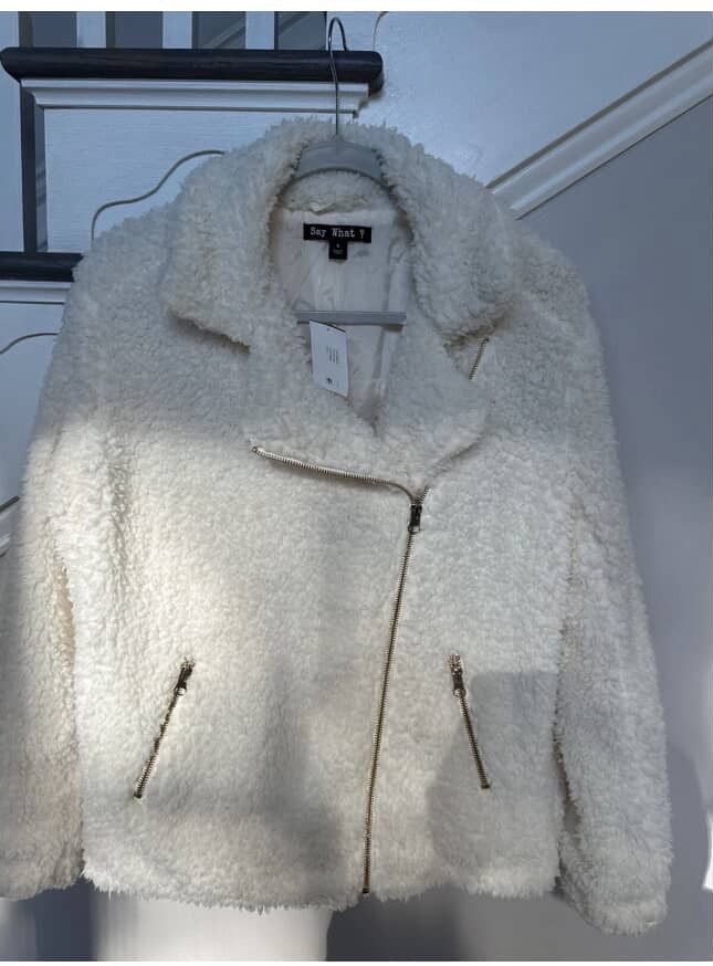 Other NWT Say What ? Fuzzy Ivory Sherpa Moto Jacket Gold Zipper Size S / US 4 / IT 40 - 4 Thumbnail