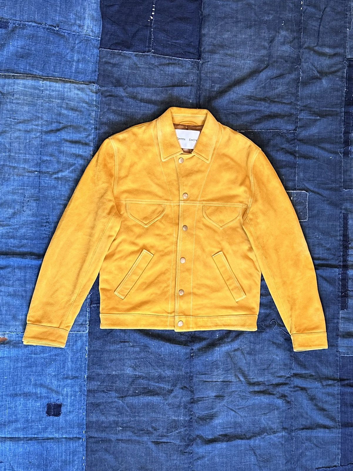 image of Cmmn Swdn Rick Suede Trucker Jacket - 48 in Mustard, Men's (Size Medium)