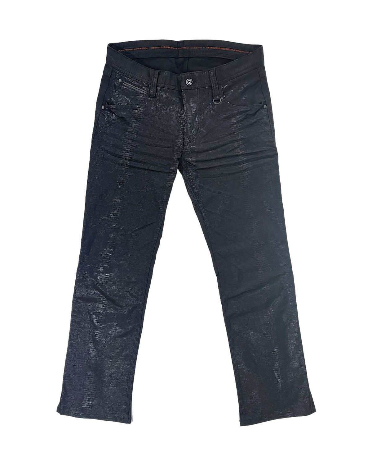 image of Matsuda x Nicole Club Snakeskin Pattern Leather Detail Waxed Bootcut Flare Pants in Black (Size 31)