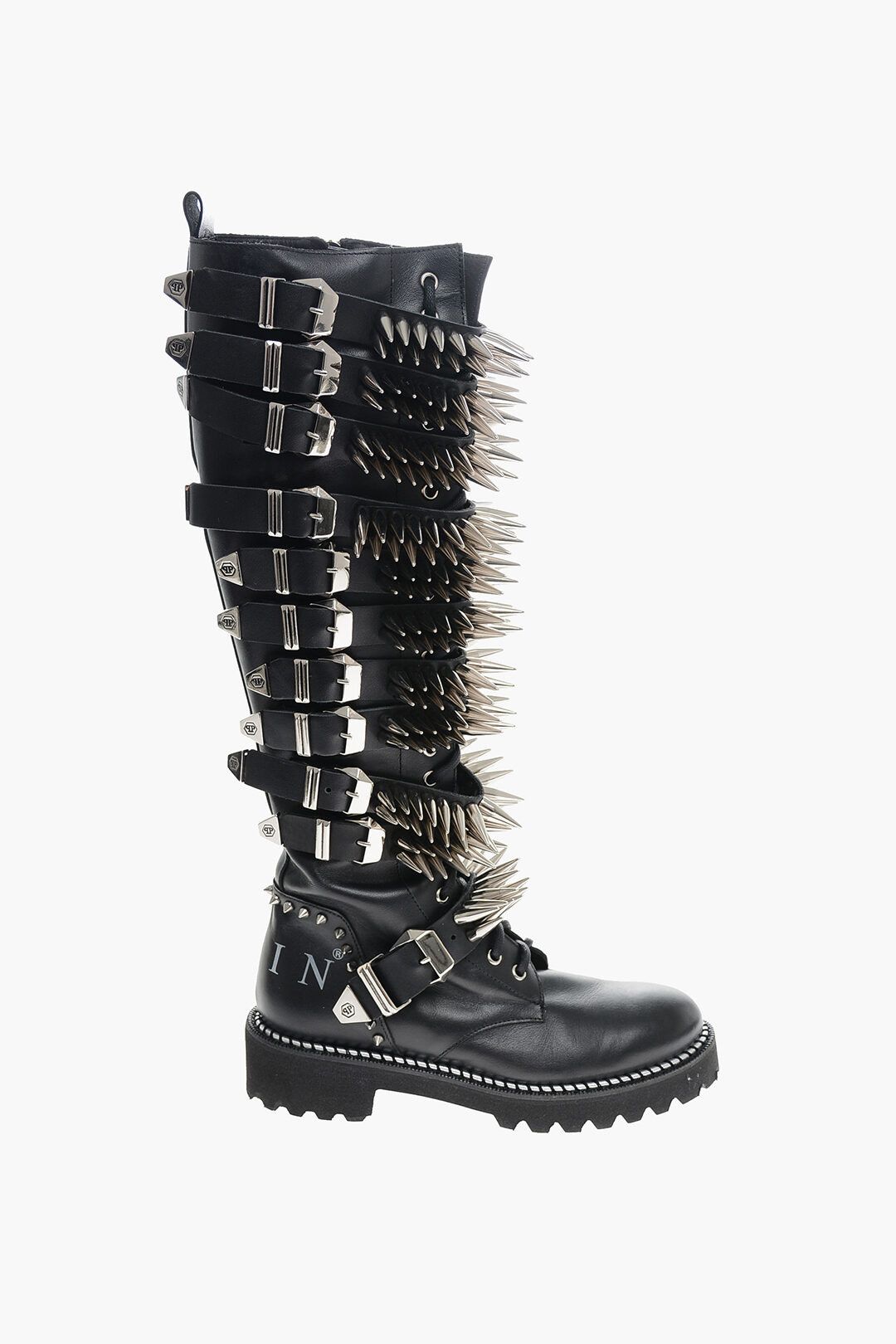 Philipp Plein og1mm0824 Leather Lace-Up Boots With All-Over Studs in Black Size US 7 / IT 37 - 1 Thumbnail
