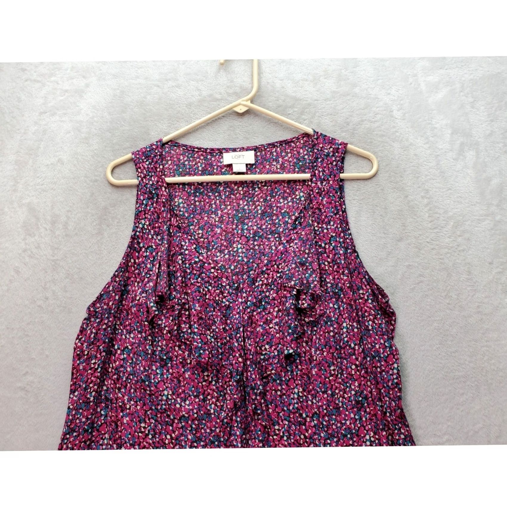 Loft LOFT Tank Top Womens Large Magenta Teal Floral Ruffle Sleeveless V Neck Pullover Size L / US 10 / IT 46 - 4 Thumbnail