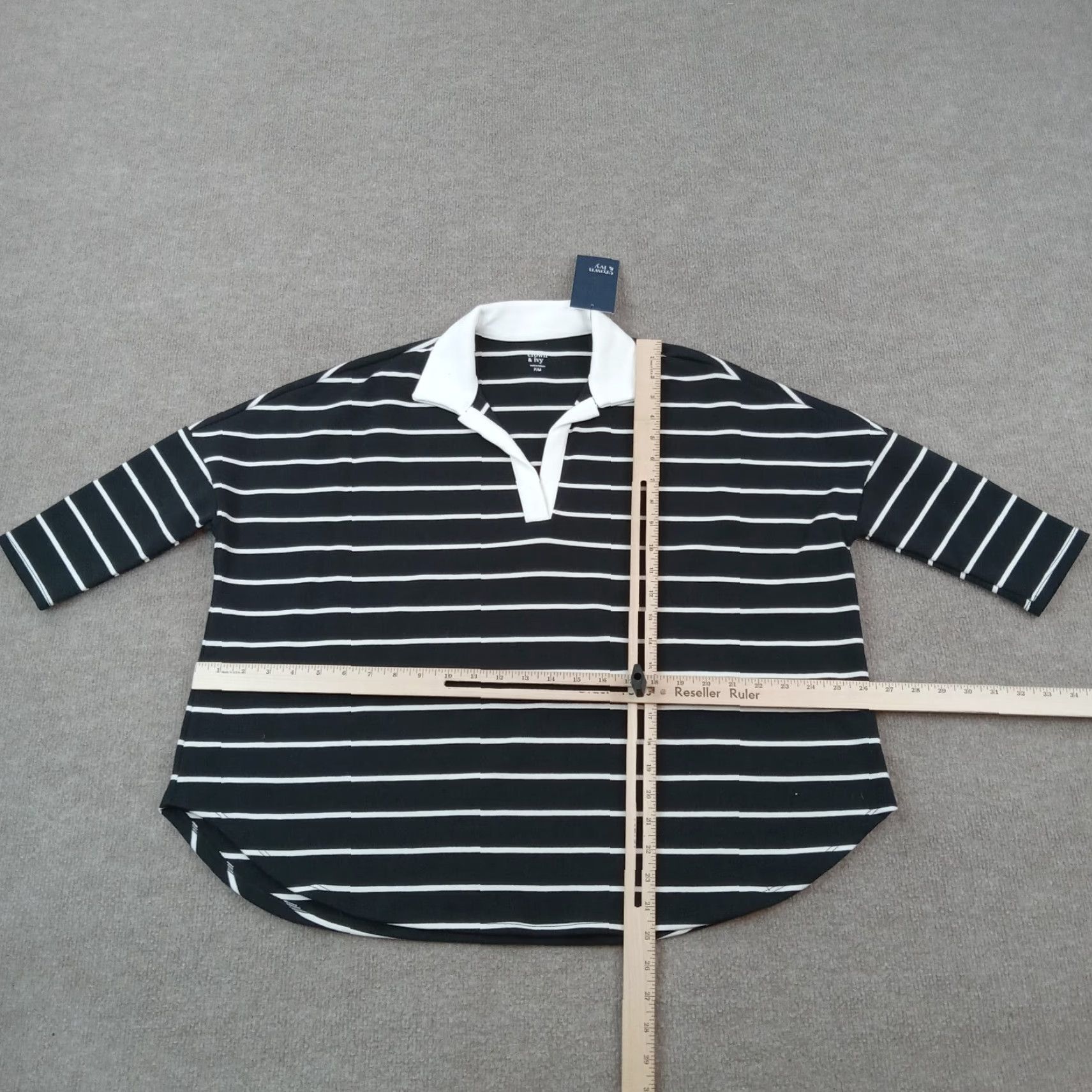 Vintage Crown & Ivy Top Women Petite Medium Black White Striped Oversized Polo Shirt Size M / US 6-8 / IT 42-44 - 2 Thumbnail