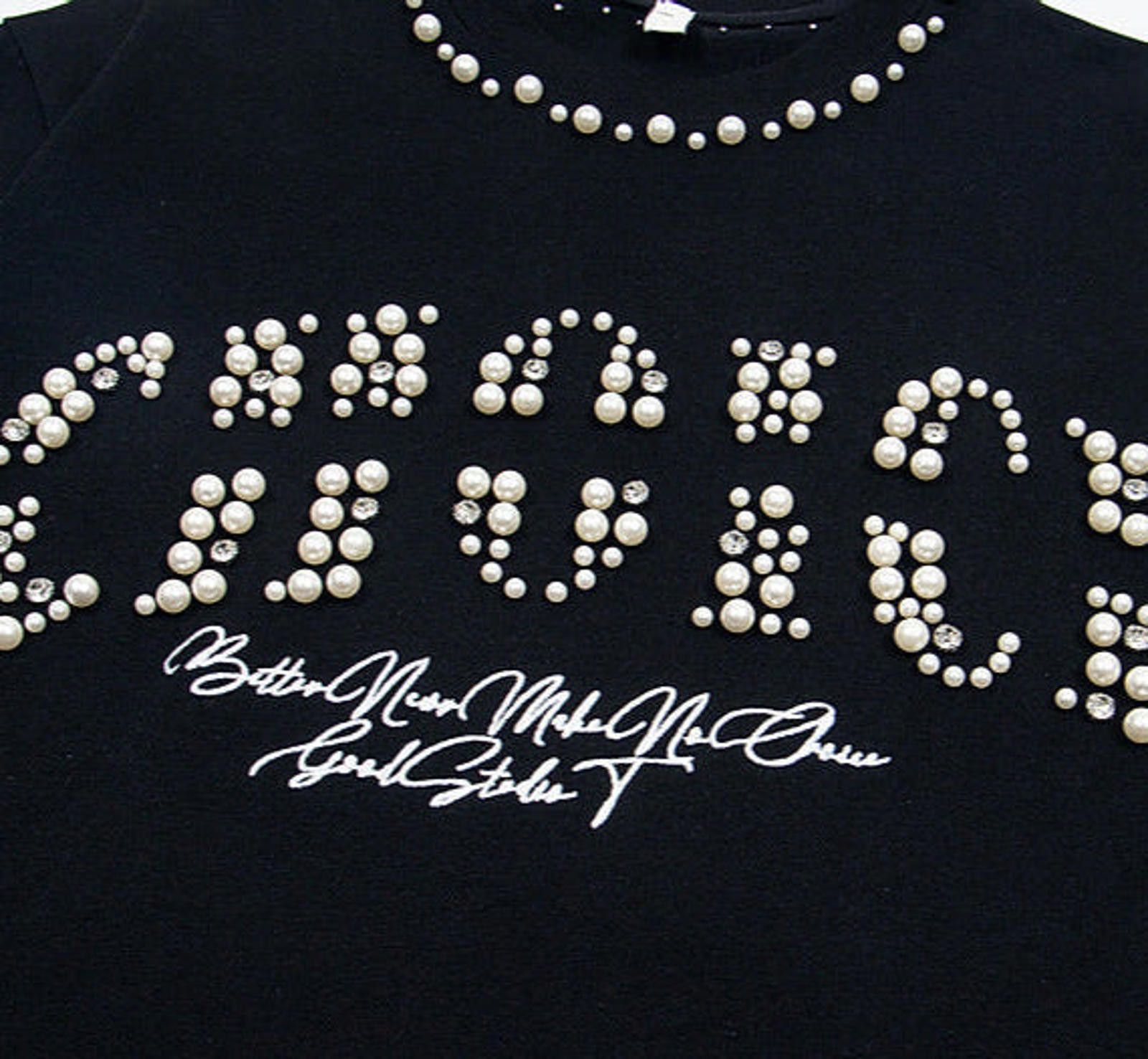 Designer Pearl and Rhinestone Embellished Statement Tee Size US M / EU 48-50 / 2 - 2 Thumbnail