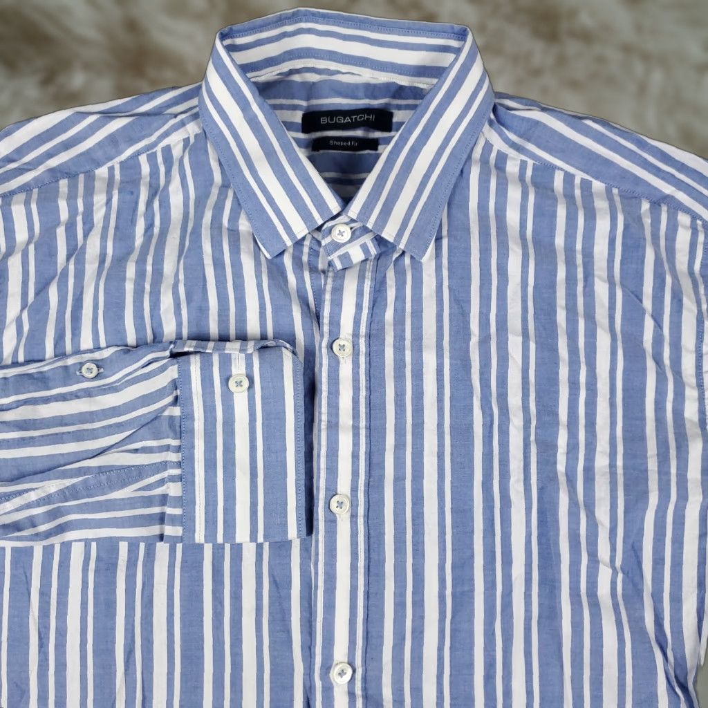 BUGATCHI Bugatchi Uomo Shirt Button-Up Long Sleeve Striped Blue Cotton Classic Fit Adult Large Mens Size US L / EU 52-54 / 3 - 1 Thumbnail