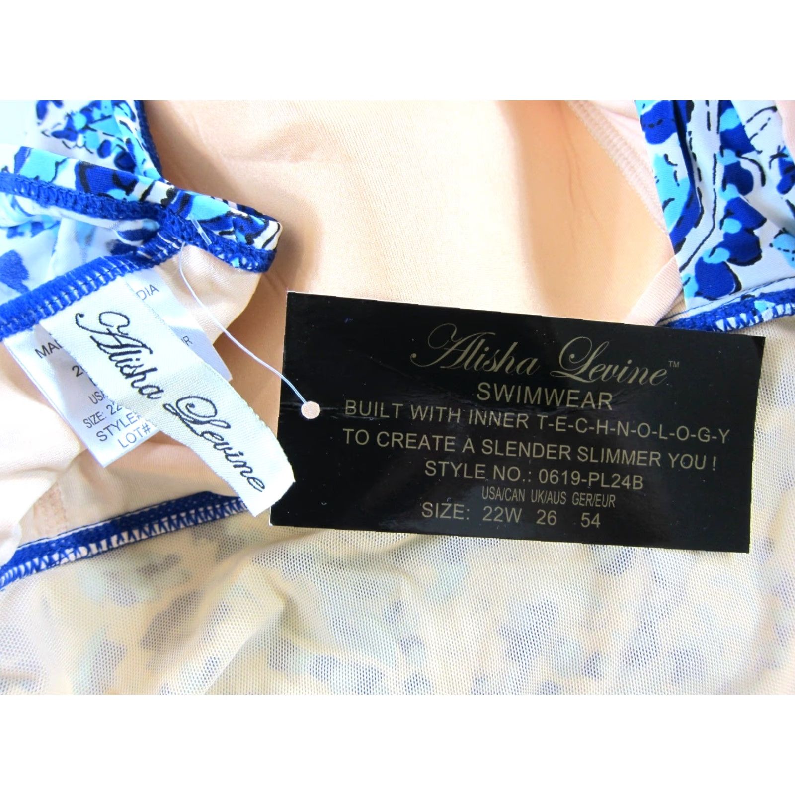 Vintage NWT Alisha Levine Blue White Floral Slimming Modest One Piece Swimsuit Dress 22 Size 3XL / US 20-22 - 3 Thumbnail