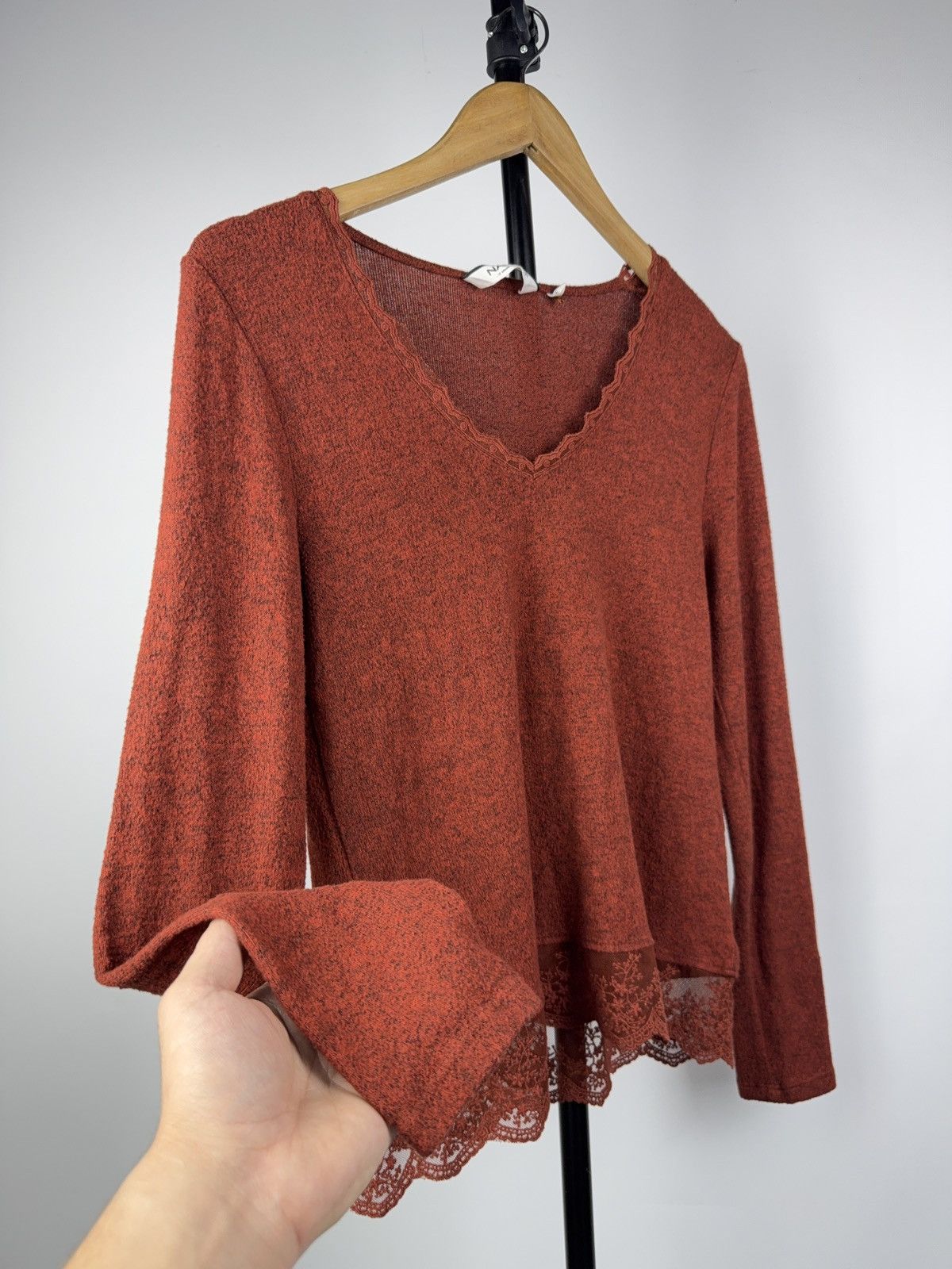 Japanese Brand 00s NAF NAF Romantic Terracotta Knit Top with Lace Trim S Size S / US 4 / IT 40 - 8 Thumbnail