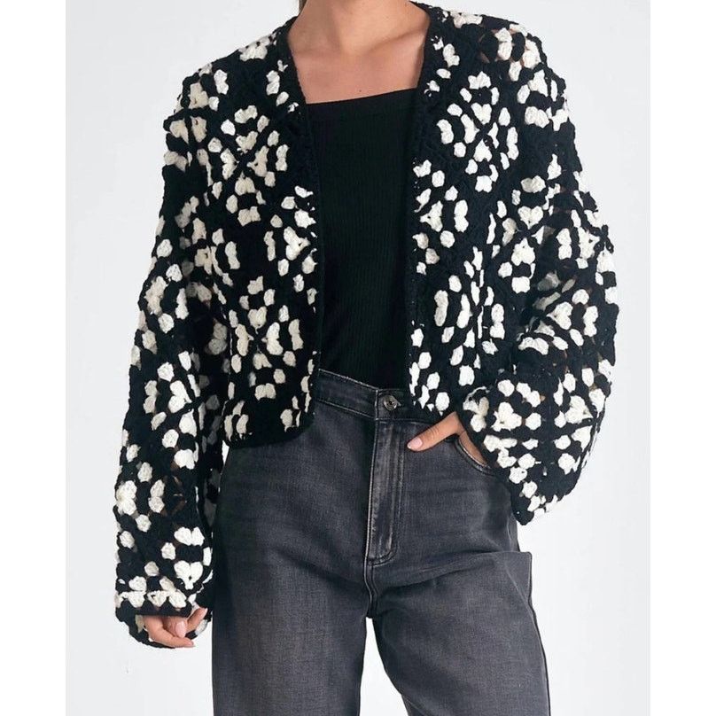 ELAN Elan Kylee Macrame Crochet Cropped Cardigan in Black/White,S Size S / US 4 / IT 40 - 1 Thumbnail