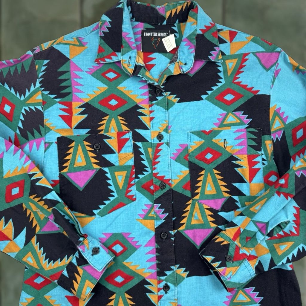 Vintage VINTAGE Frontier Button-Up Shirt Womens M Blue Geometric 90s Aztec Western Cowboys Size M / US 6-8 / IT 42-44 - 1 Thumbnail