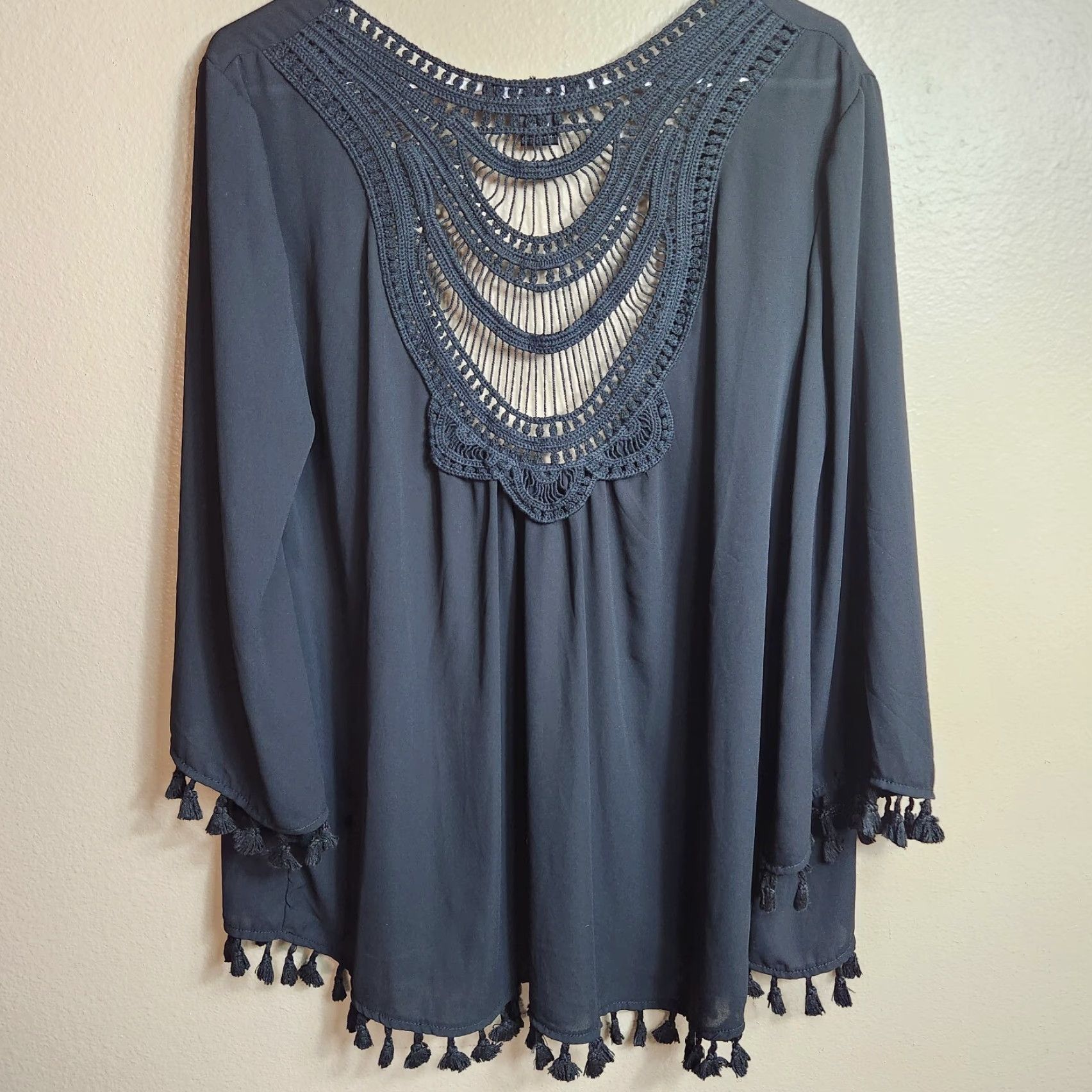 Vintage August Silk Womens Black Chiffon Jacket Open Crochet Inlay Tassels-Size M Bohemian Kimono 3/4 Sleeves Lightweight Satin? Wait no. Size M / US 6-8 / IT 42-44 - 7 Thumbnail