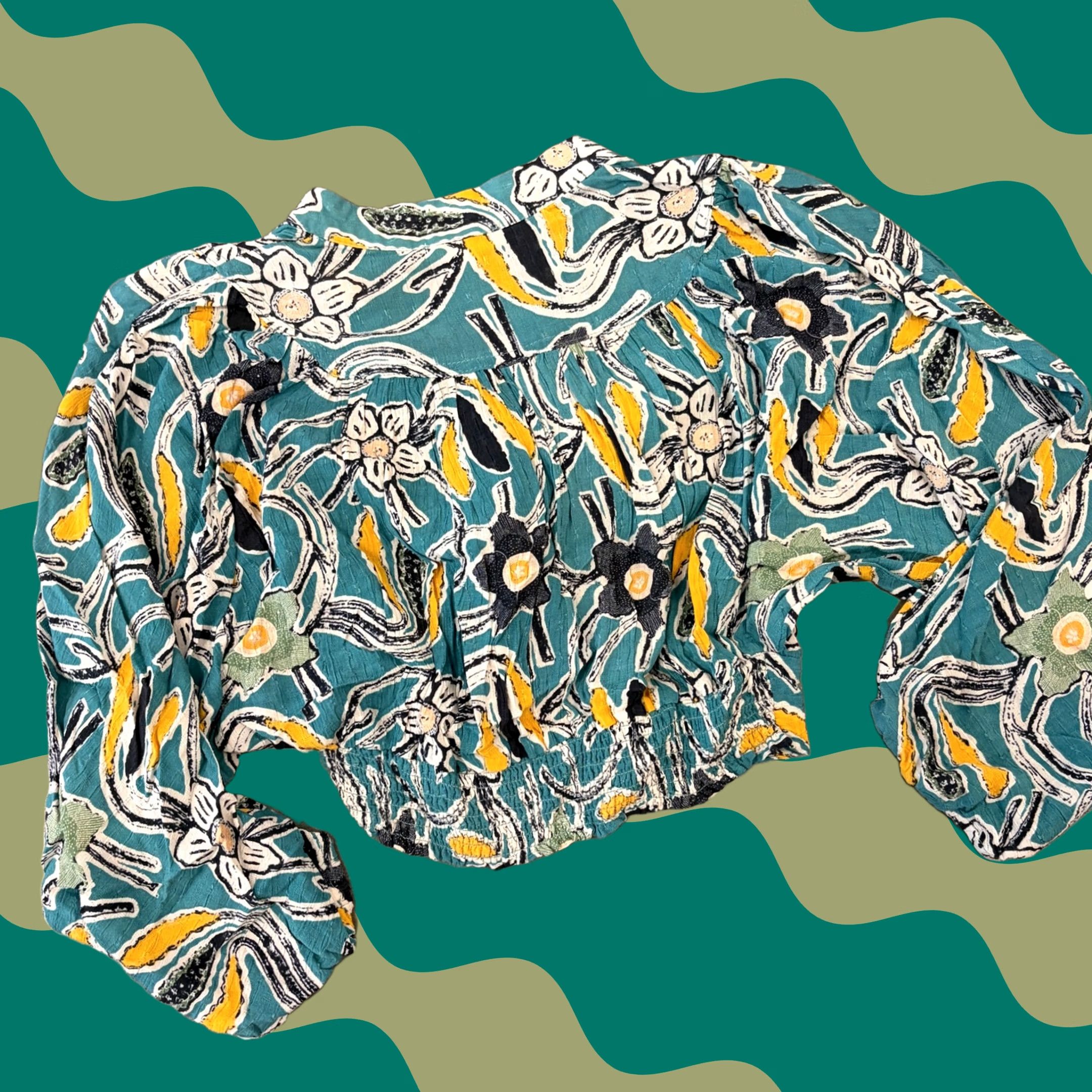 Vintage VINTAGE Christian Siranio Floral Abstract Teal Longsleeve Button Front Top S Womens Blouse Size S / US 4 / IT 40 - 1 Thumbnail