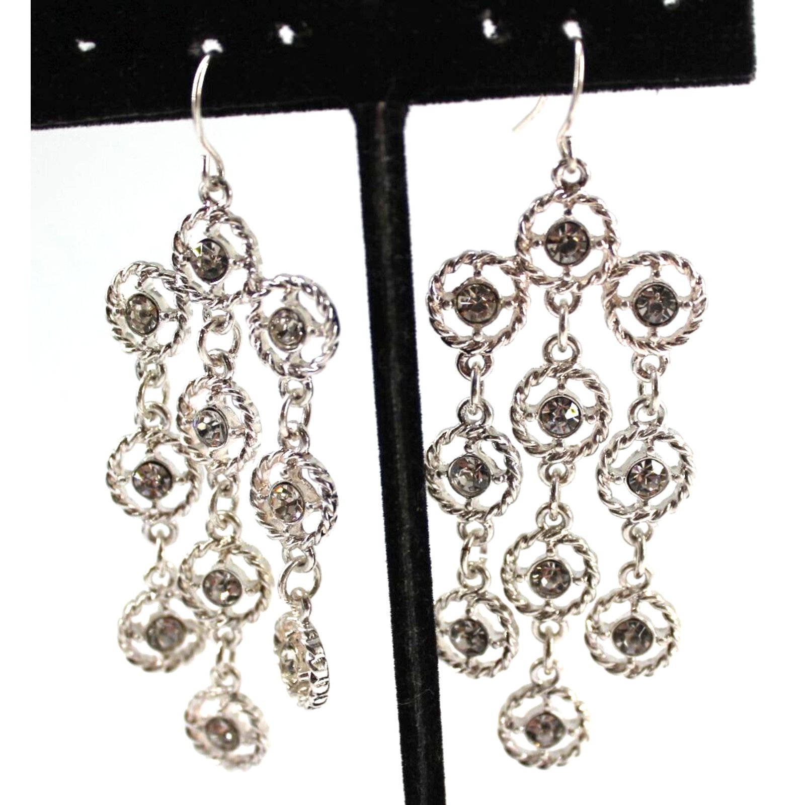 Other Three Stand Rhinestone Circle Dangle Hook Earrings • 2-1/2" Size ONE SIZE - 2 Thumbnail