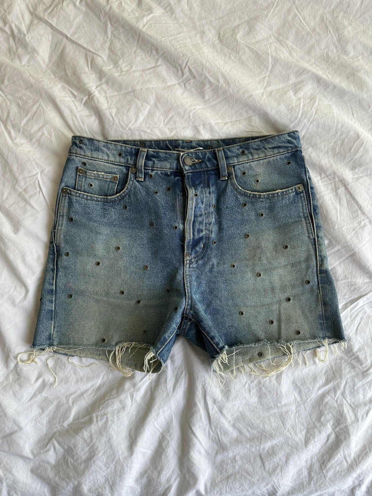 Saint Laurent SS20 Studded Denim Shorts Arizona Light Blue