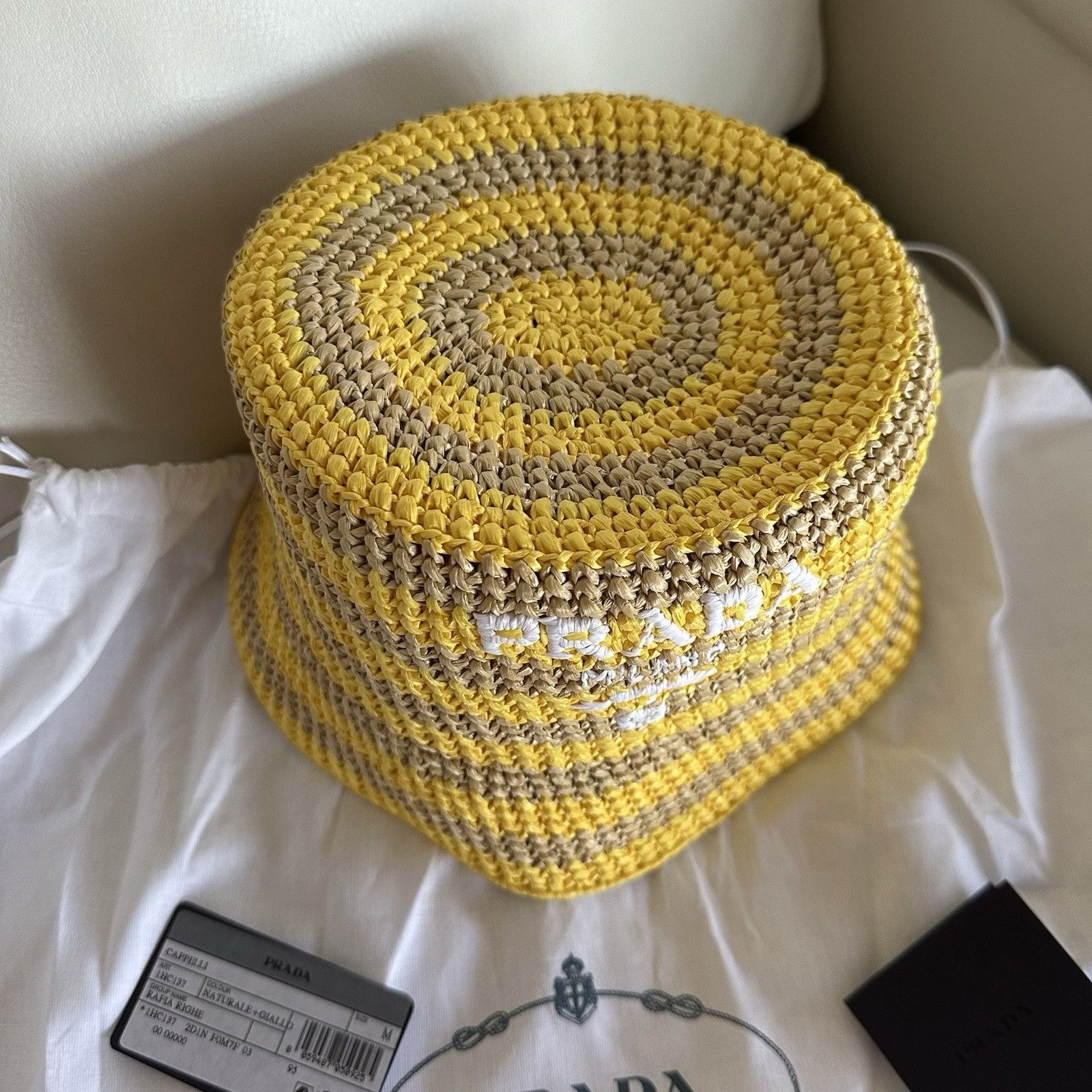Prada NEW PRADA Raffia Striped Logo Embroidered Womens Bucket Hat Size ONE SIZE - 7 Thumbnail