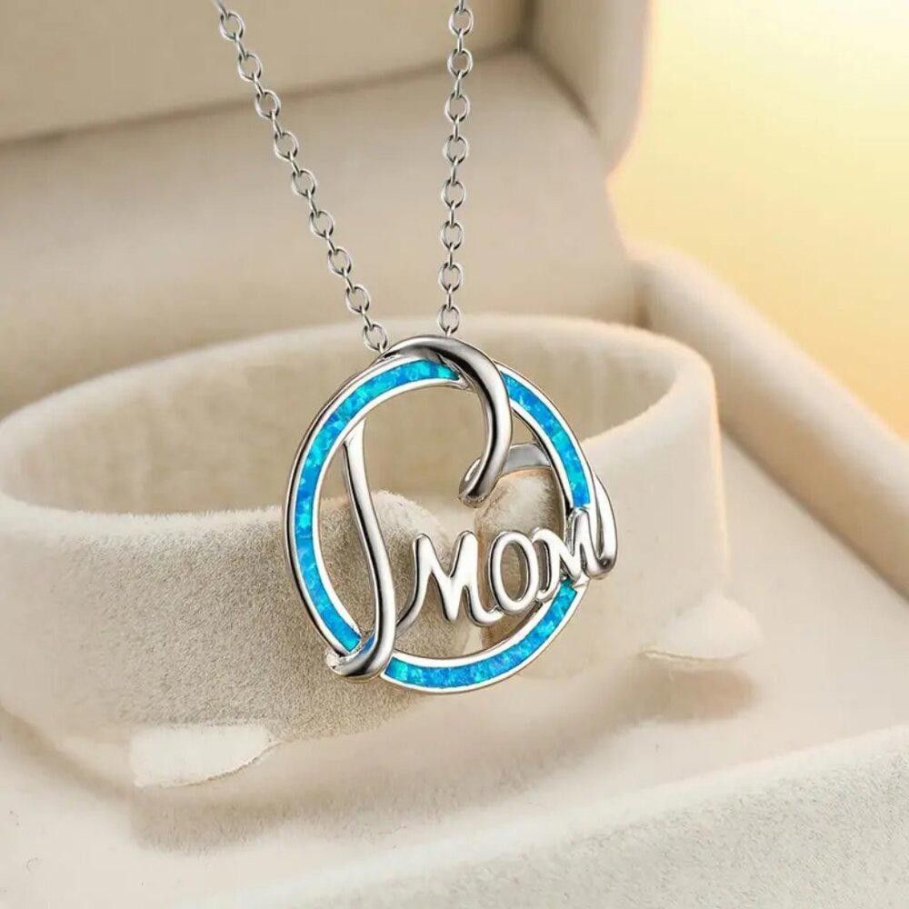 Designer Round Blue Opal Mom Heart Silver Necklace Size ONE SIZE - 6 Thumbnail