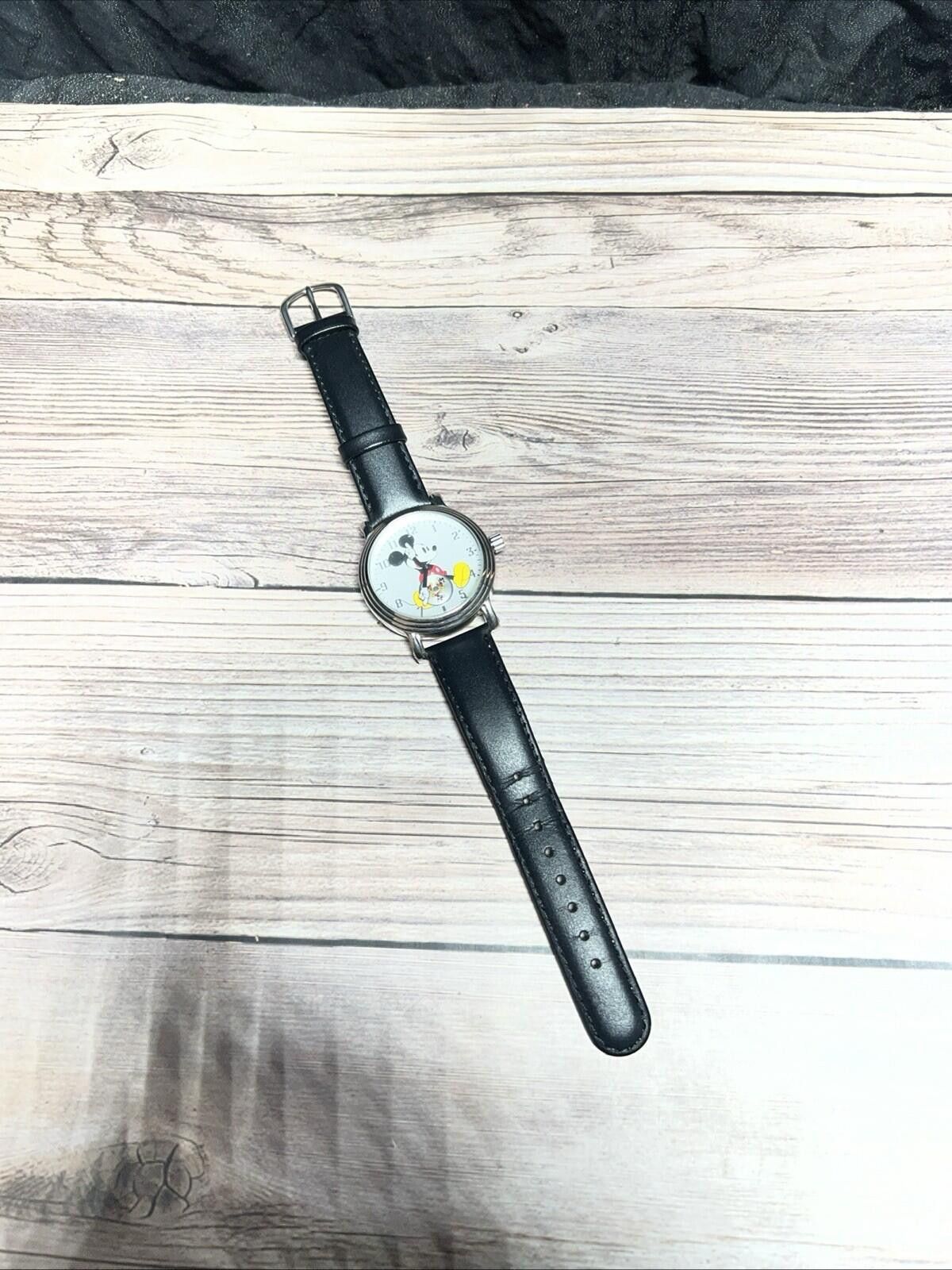 Disney Mickey Mouse Moving Dial Arms Genuine Black Leather Watch Size ONE SIZE - 1 Thumbnail