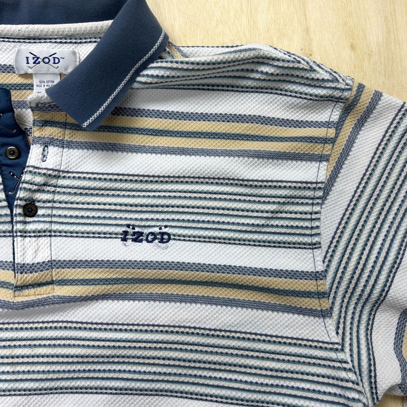 Izod Izod Polo Shirt Men Large White Stripe 100% Cotton Malaysia Casual Knit - Pre-Owned Size US L / EU 52-54 / 3 - 2 Thumbnail