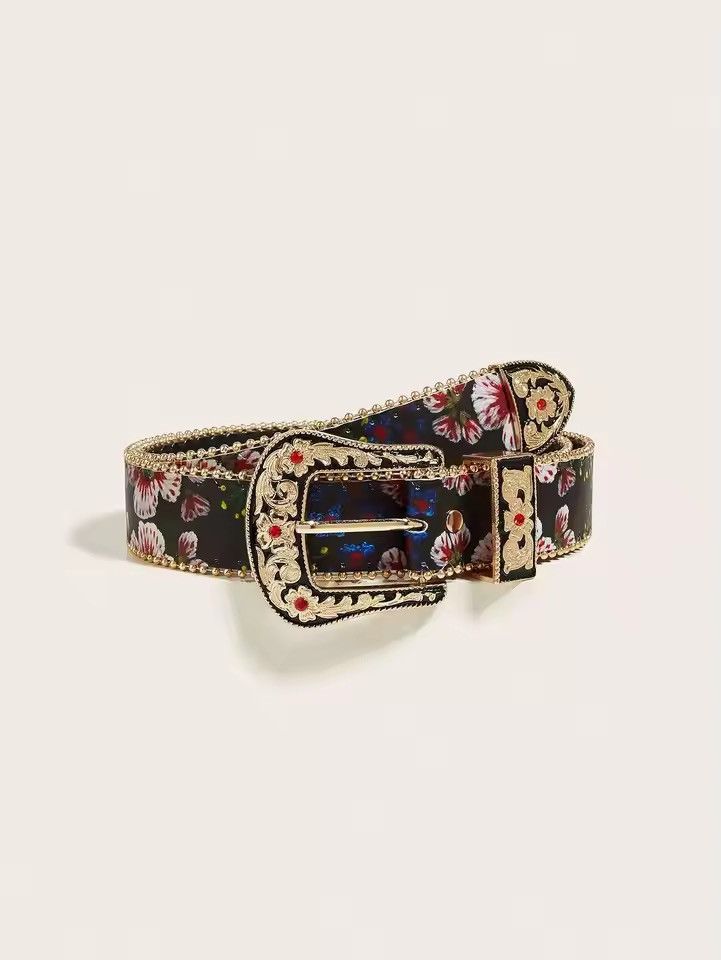 Japanese Brand 112 cm Western Floral Engraved Belt - PU Leather Size ONE SIZE - 1 Thumbnail