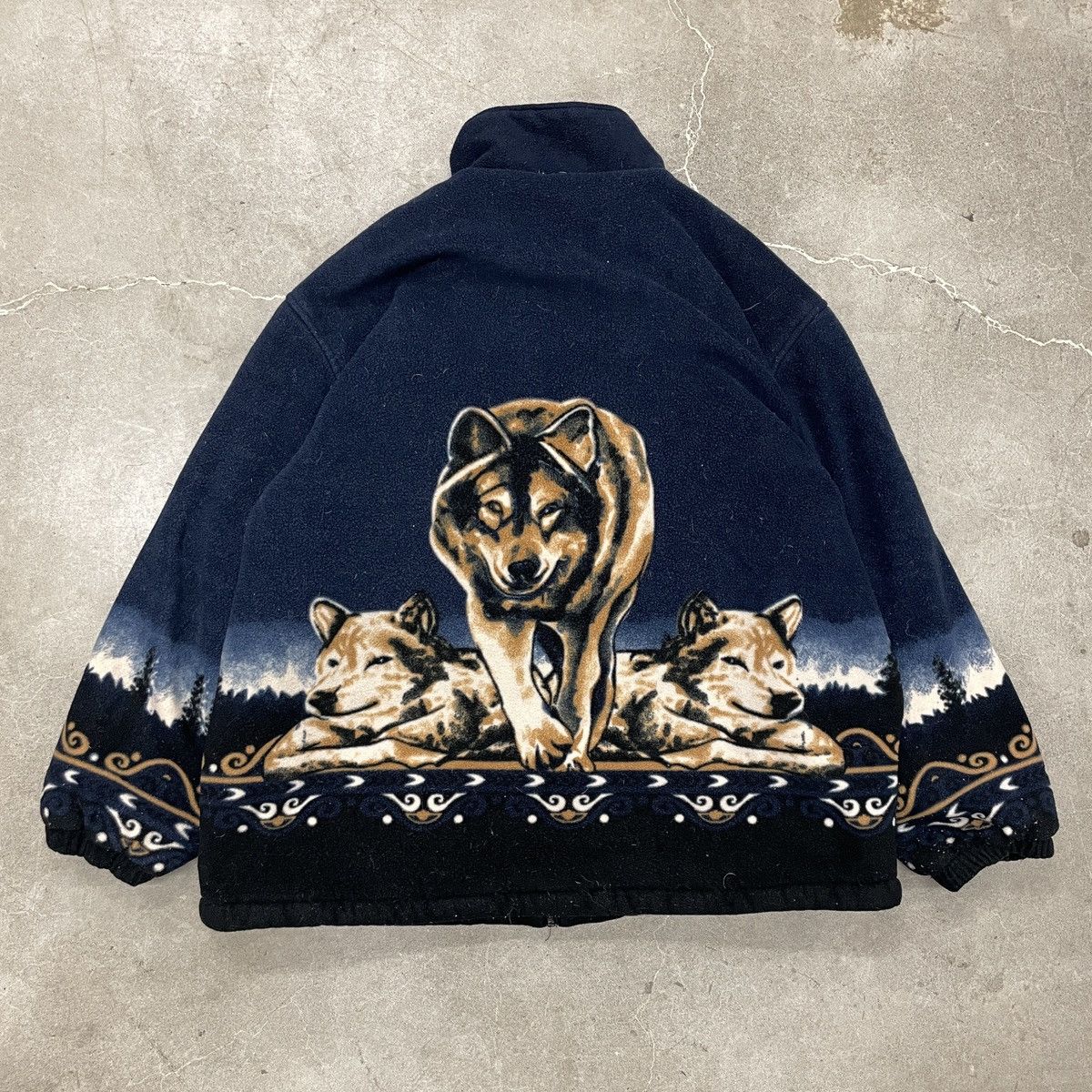 image of Vintage 90's Wolf Print Fleece Deep Pile Supreme Made Usa 80's Y2K in Blue, Men's (Size XL)