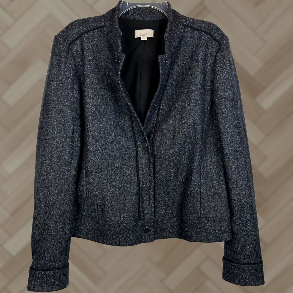 Ann Taylor Loft Suit Jacket Blazer Womens 12 Navy Wool Blend Mandarin Collar Snap Size XL / US 12-14 / IT 48-50 - 1 Thumbnail