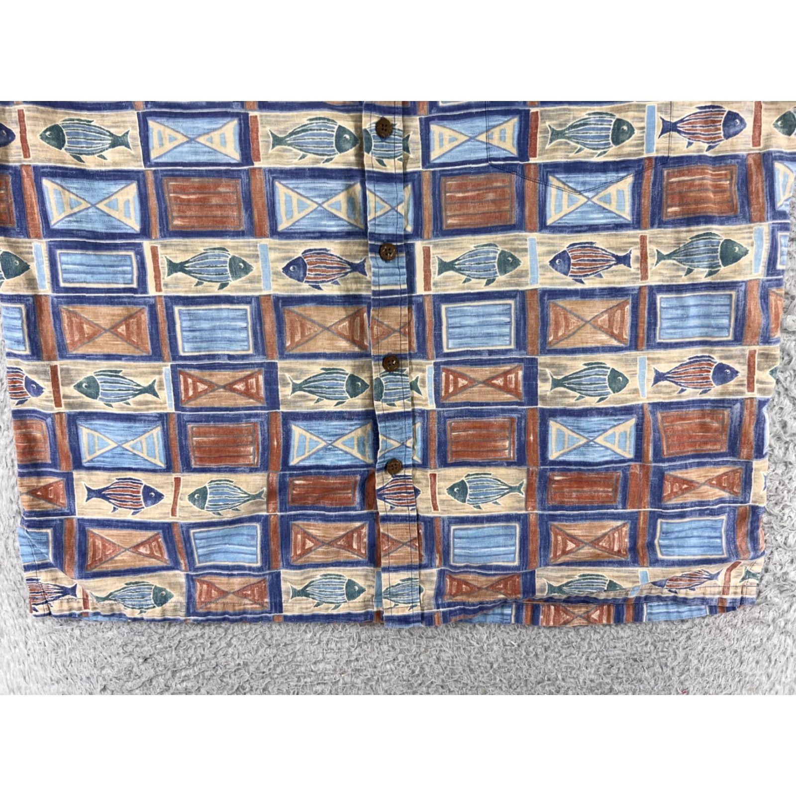 Vintage Cooke Street Shirt Mens Large Blue Beige Cotton Hawaiian Fish Tile Button-Up Short Sleeve Size US L / EU 52-54 / 3 - 5 Thumbnail