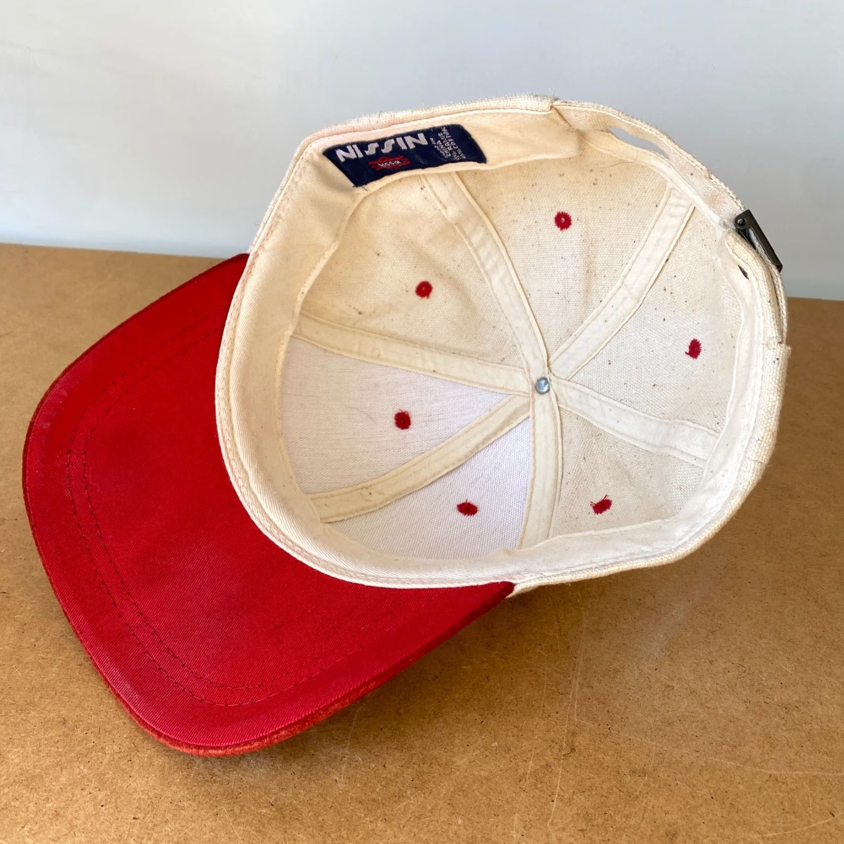 Vintage VINTAGE Nissin Dad Hat Baseball Cap Unisex Adults One Size Beige Ramie Canvas Tan Red Bill/Beige Size ONE SIZE - 7 Thumbnail
