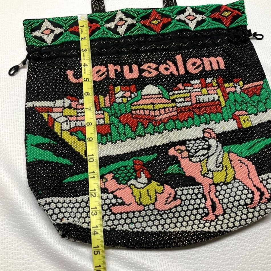 Doublet VINTAGE Jerusalem Cityscape Beaded Tote Bag Purse Handmade Black Double Handle Satchel Top Handle Women Medium Size ONE SIZE - 6 Thumbnail