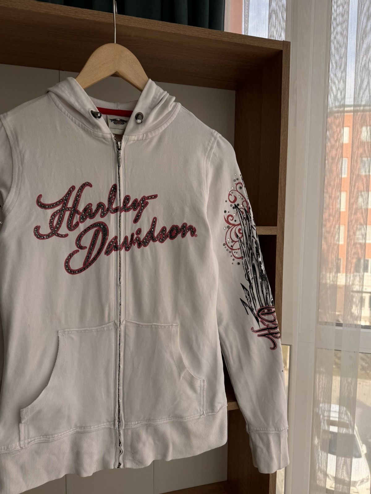 Harley Davidson × Vintage Vintage Harley-Davidson Rhinestone Tattoo Logos White Hoodie Size S / US 4 / IT 40 - 2 Thumbnail
