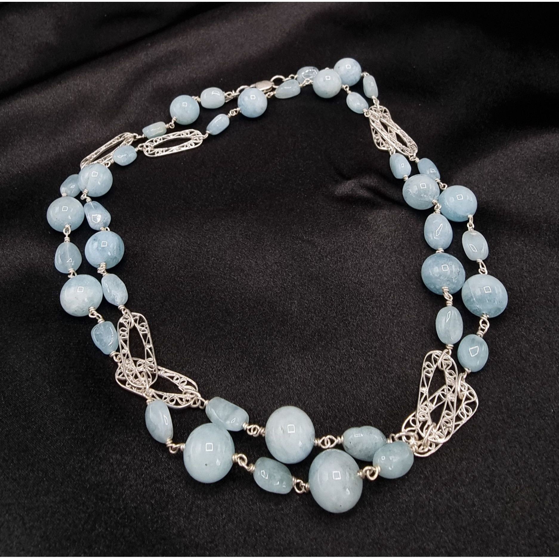 Vintage 925 Sterling Silver Aquamarine Beaded Necklace Signed BJ Chi Size ONE SIZE - 1 Thumbnail
