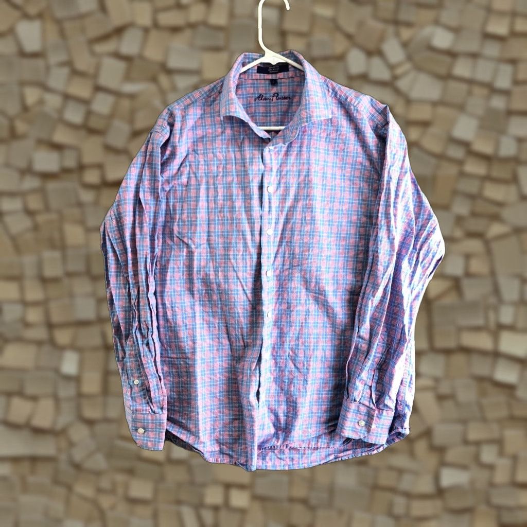 Vintage Alan Flusser Mens Large Long Sleeve Blue Plaid Spread Collar Shirt Size US L / EU 52-54 / 3 - 1 Thumbnail
