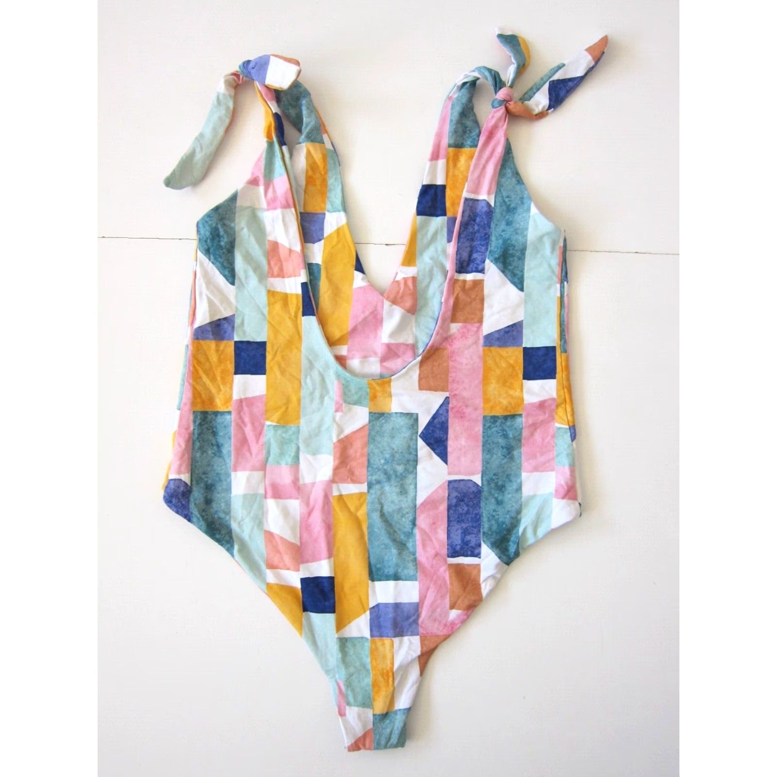 Lulus Lulu's Pink Green Blue Yellow Block V-Neck Low Back One Piece Swimsuit Large Size ONE SIZE - 7 Thumbnail