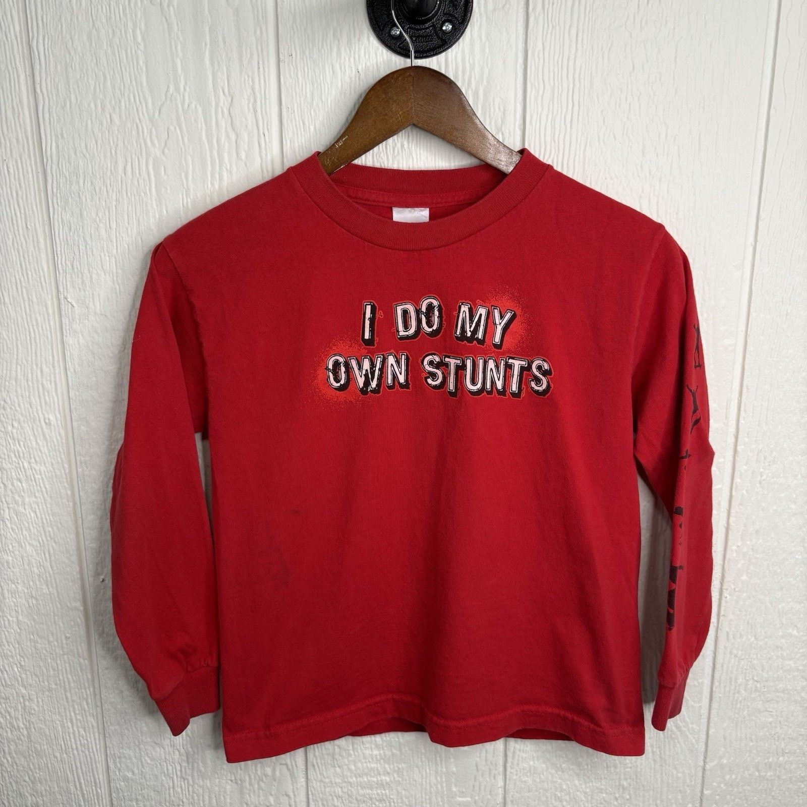 Fruit Of The Loom Y2K Red Baby Tee “I Do My Own Stunts” Long Sleeve Size Small Size US S / EU 44-46 / 1 - 1 Thumbnail