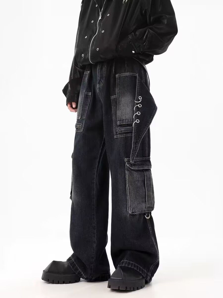 High street multi-pocket straight-leg deconstructed jeans