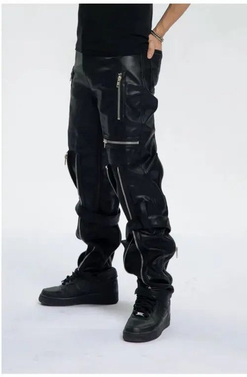 Pu Leather Pants with Zippers Belt