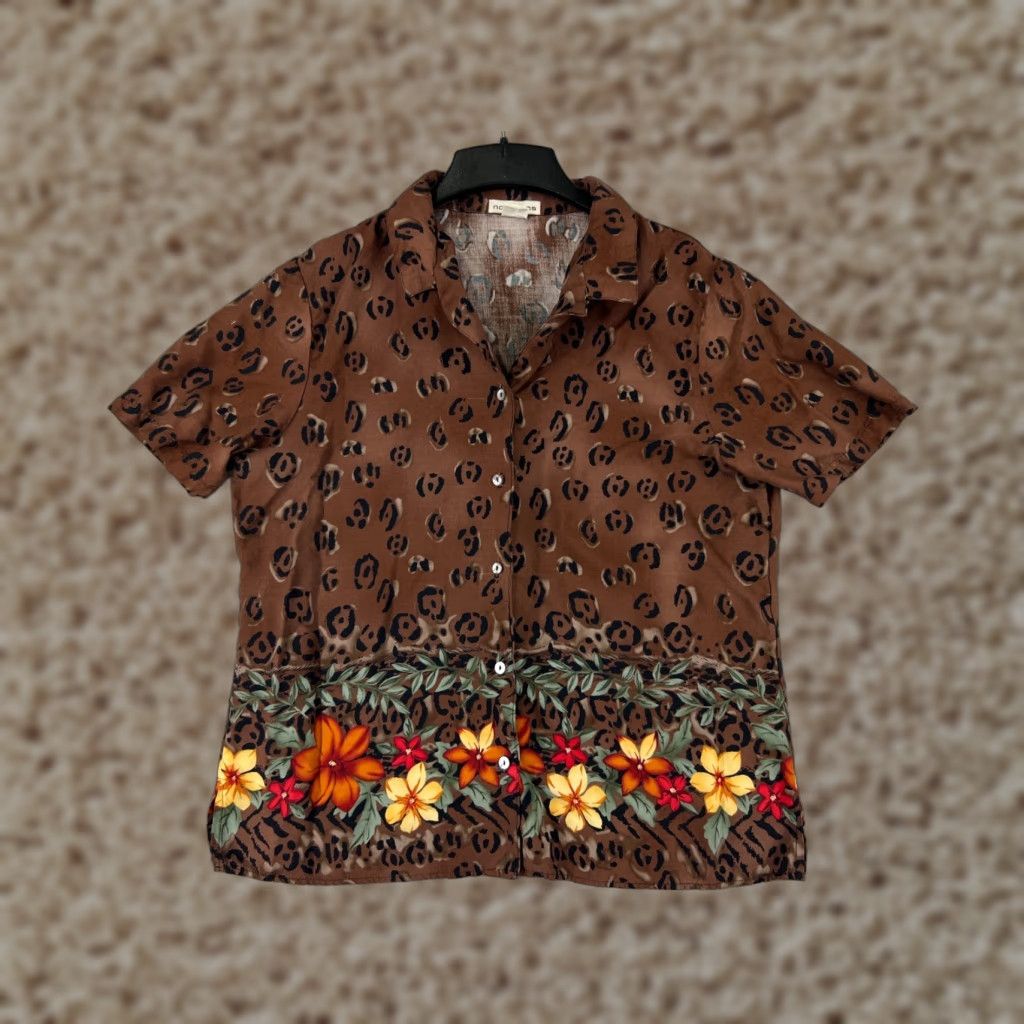 Vintage Notations Shirt Womens XL Brown Leopard Print Hawaiian Floral Rayon Vintage No Size XL / US 12-14 / IT 48-50 - 1 Thumbnail