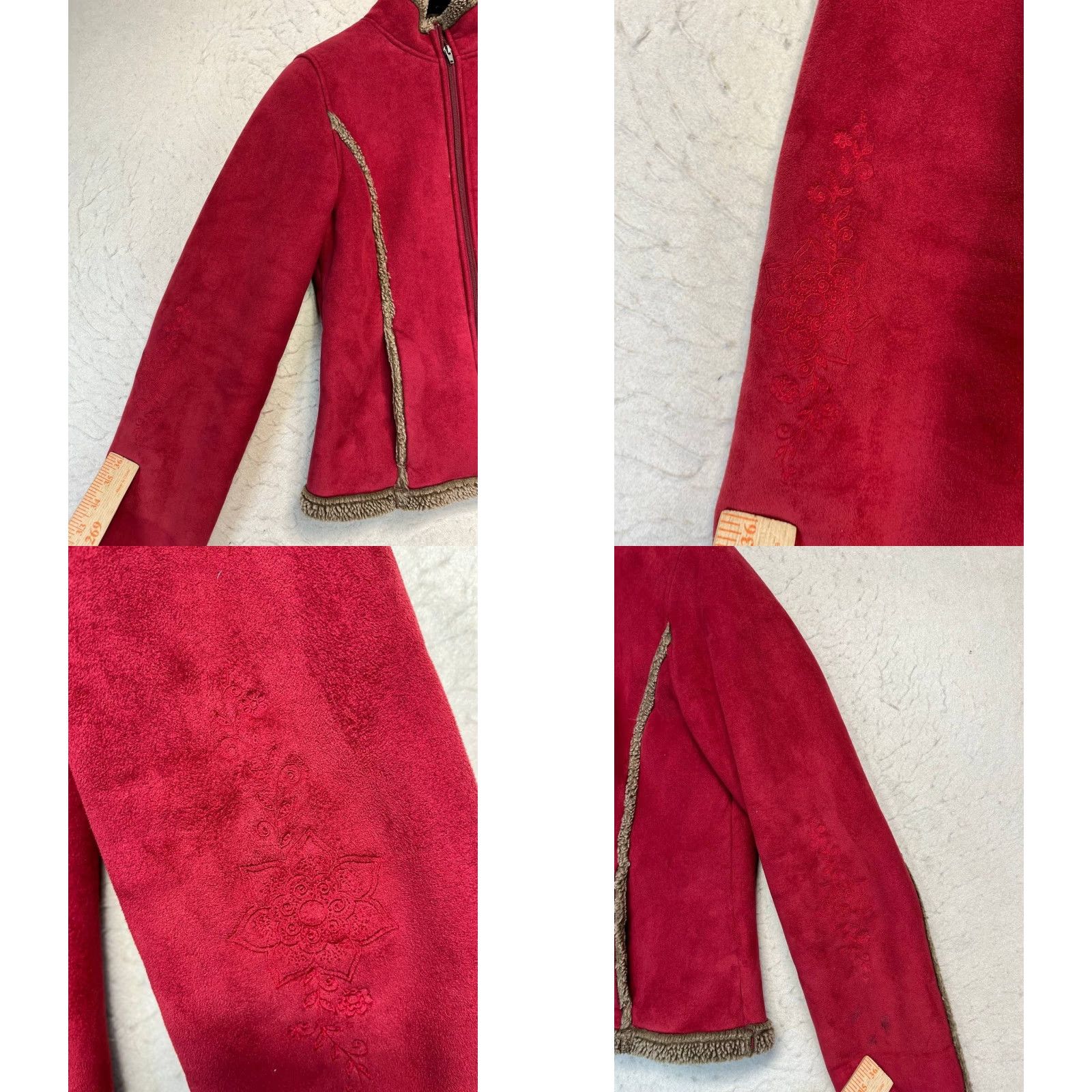 Vintage L.L.Bean Womens M Suede Feel Sherpa Lined Full Zip Jacket Embroidered Detail Red Shirt Size M / US 6-8 / IT 42-44 - 9 Thumbnail