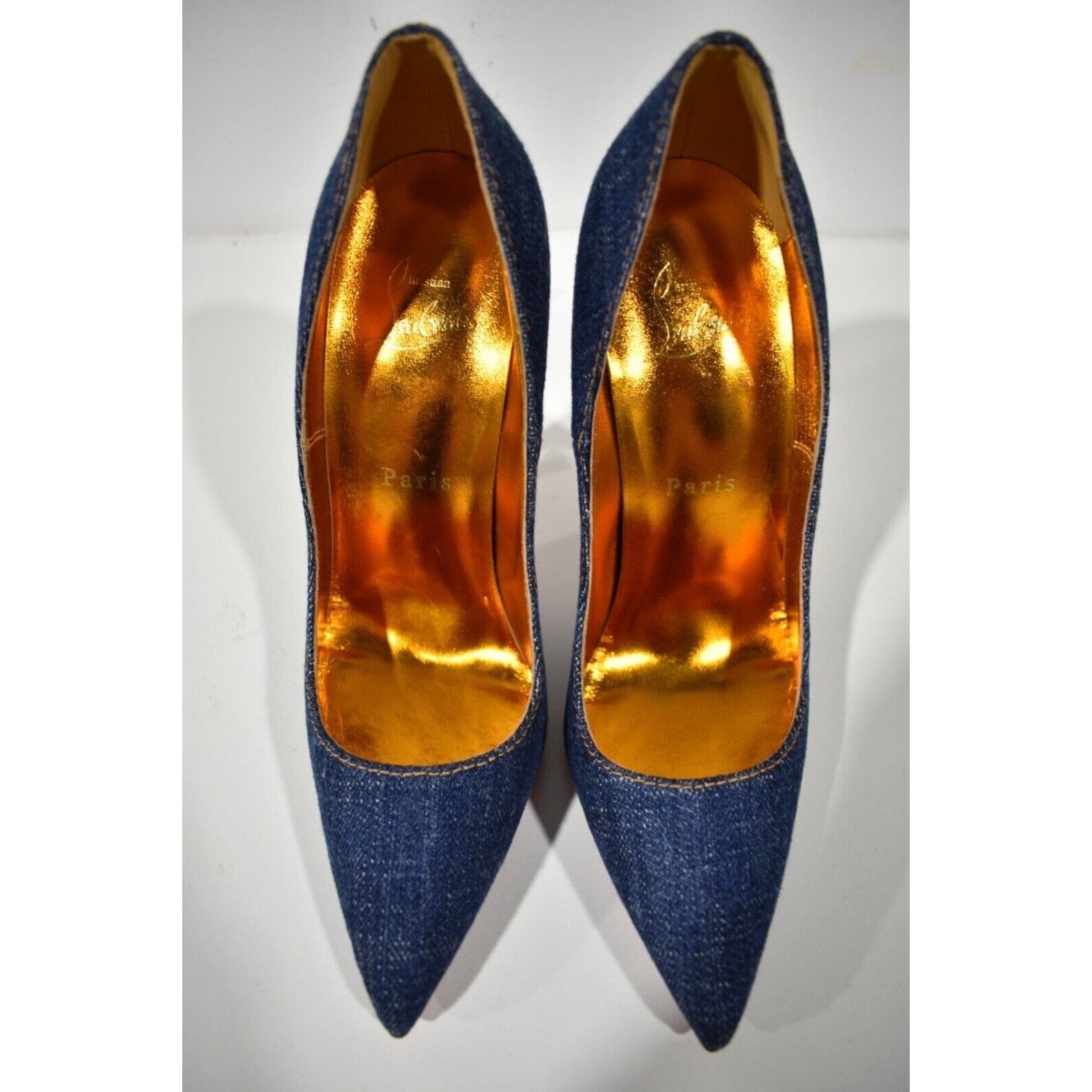 Christian Louboutin So Kate 120 Blue Denim Saba Gold Stiletto Heel Pump 38 Size US 8 / IT 38 - 7 Thumbnail