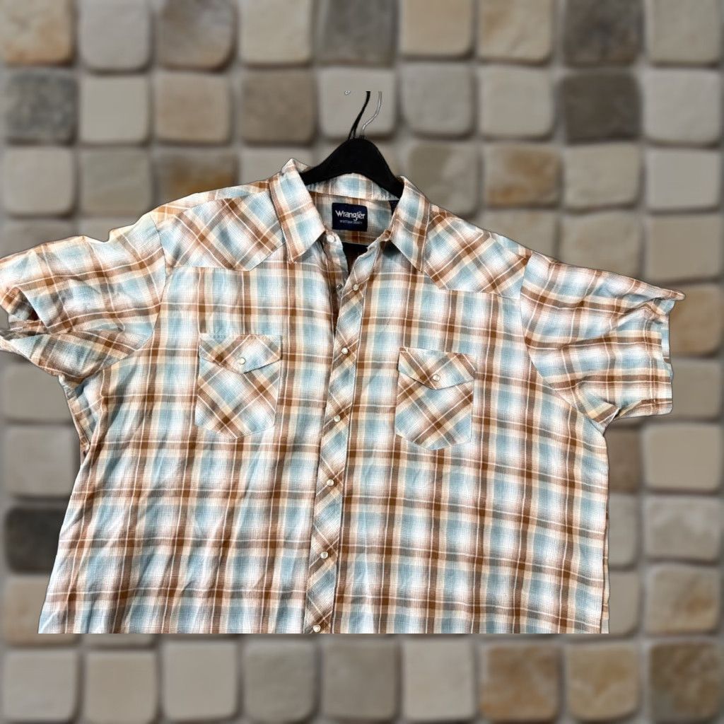 Wrangler Wrangler Western Shirt Mens 3XL Brown Blue Plaid Flap Pocket Pearl Snap Cowboy Size US XXL / EU 58 / 5 - 1 Thumbnail