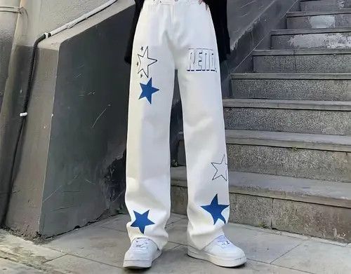 image of Stars Pattern Graffiti Trousers Straight Wide Leg Pants in White, Men's (Size 32)
